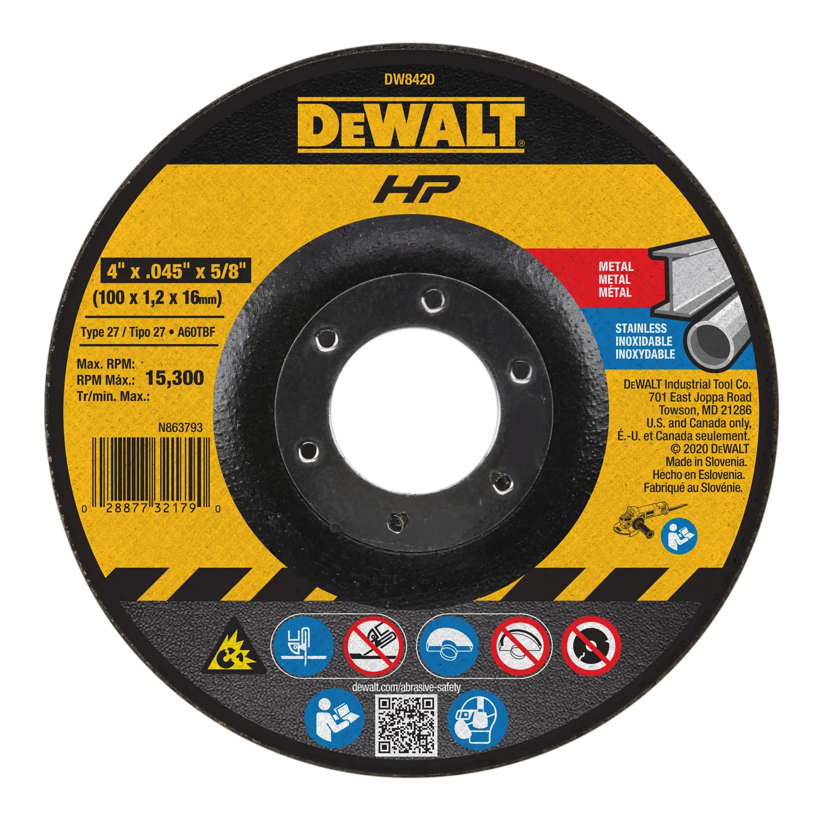 A DEWALT branded circular grinding wheel, model DW8420, designed for cutting metal and stainless steel. The wheel is 4 inches in diameter, 0.045 inches thick, and has a 5/8 inch arbor. The product features safety icons and a barcode, with yellow and black design elements and detailed specifications on its face.