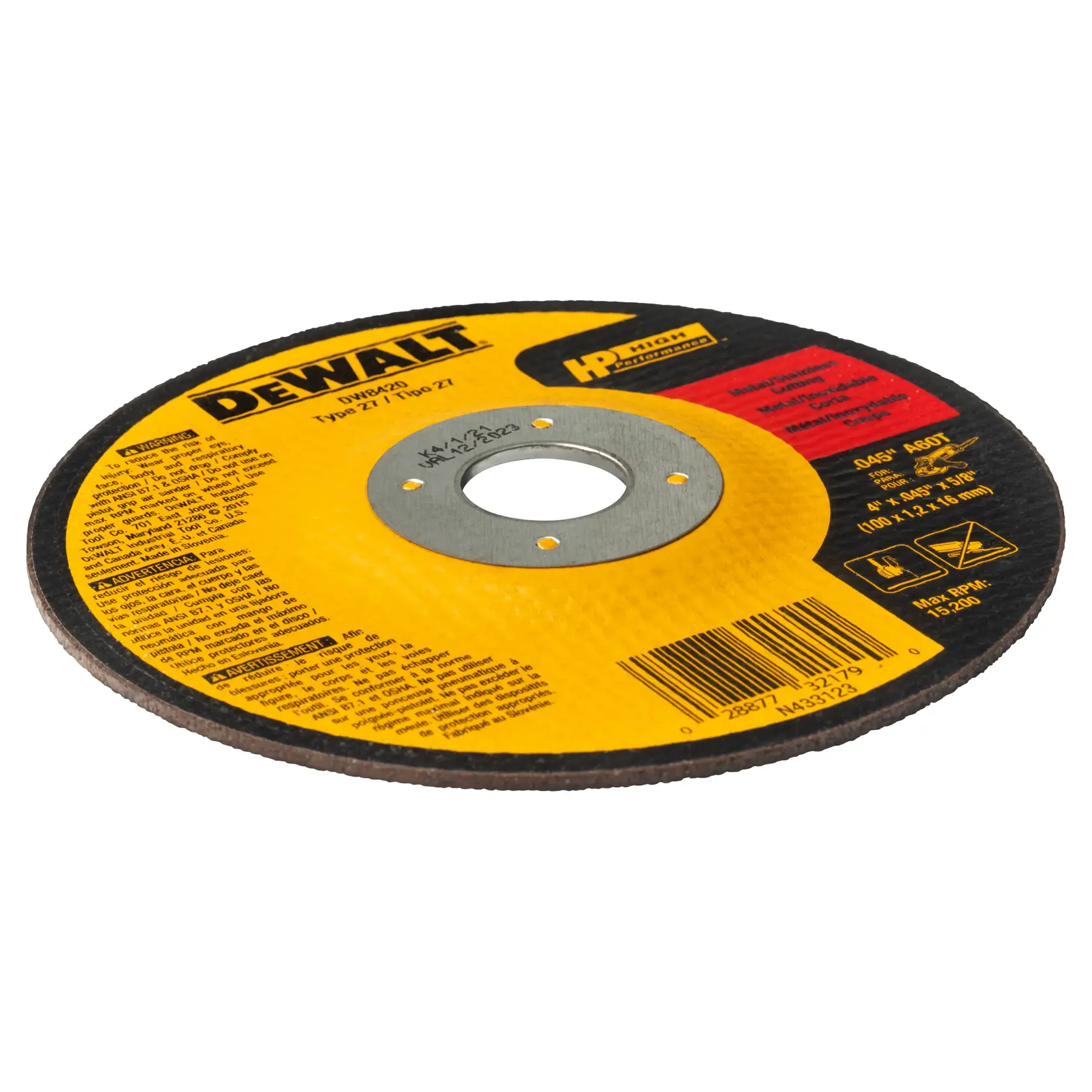 A DEWALT branded abrasive cutting disc, SKU DW8420, with yellow and black labeling and a central metal mounting hole. The disc has safety and usage information printed on the surface.