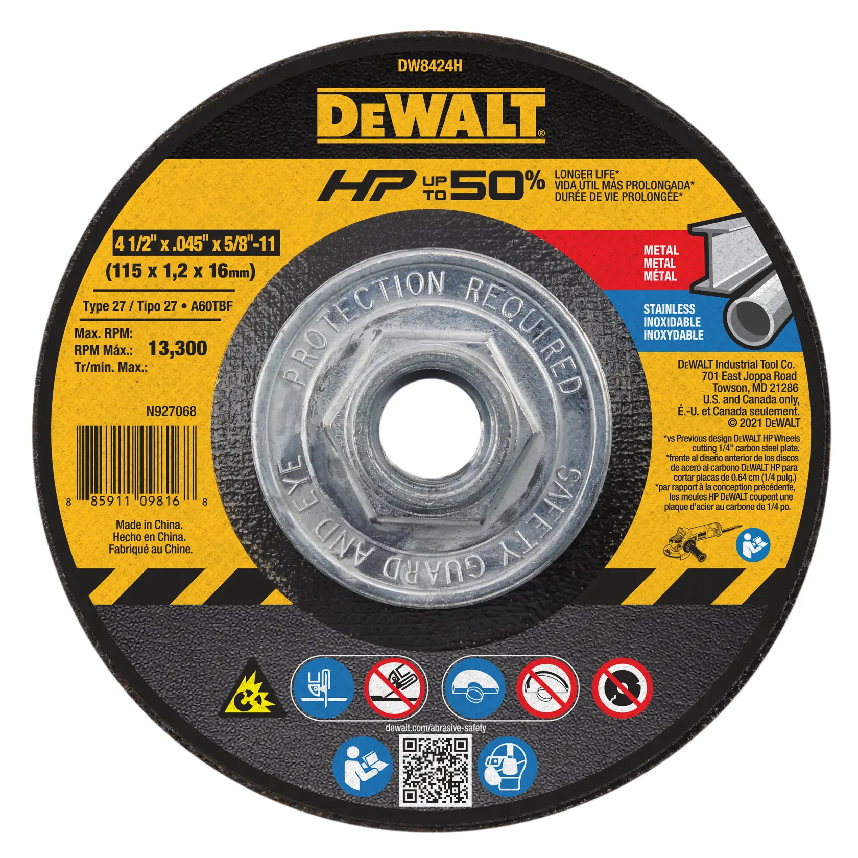 A circular DEWALT branded abrasive cutting wheel, model DW8424H. The label highlights 'HP up to 50% longer life' and is marked for metal and stainless steel cutting. Specifications include size 4 1/2" x 0.045" x 5/8"-11 (115 x 1.2 x 16mm), max RPM of 13,300, Type 27 (A60TBF), and safety icons for protective equipment.