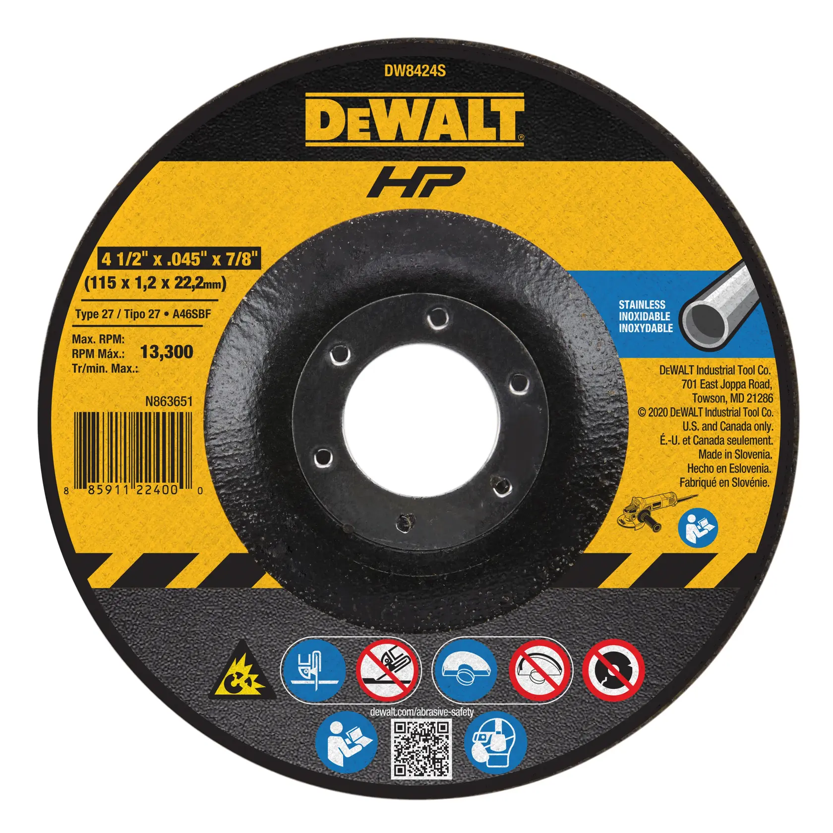 DEWALT HP Type 27 cutting wheel for stainless steel, model DW8424S. The disk is black with a yellow section, labeled with size 4 1/2 in x 0.045 in x 7/8 in (115 x 1.2 x 22.2 mm), max RPM 13,300, and various safety symbols. Made in Slovenia.