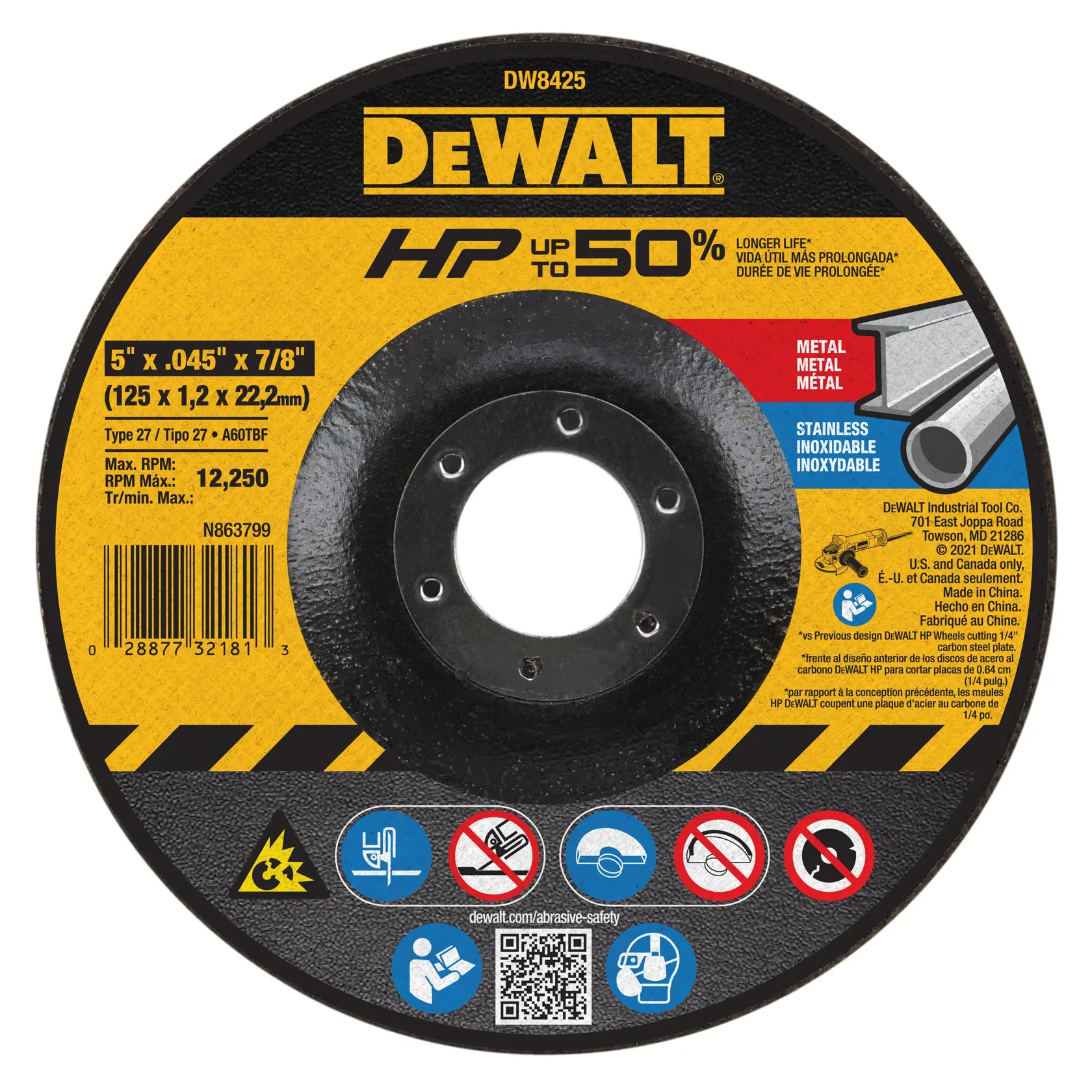 A close-up of a DEWALT branded grinding or cutting wheel, model DW8425, with specifications for size (5" x 0.045" x 7/8"), maximum RPM (12,250), and usage for metal and stainless steel materials. The wheel is black with a yellow and red label showing safety icons and instructions.