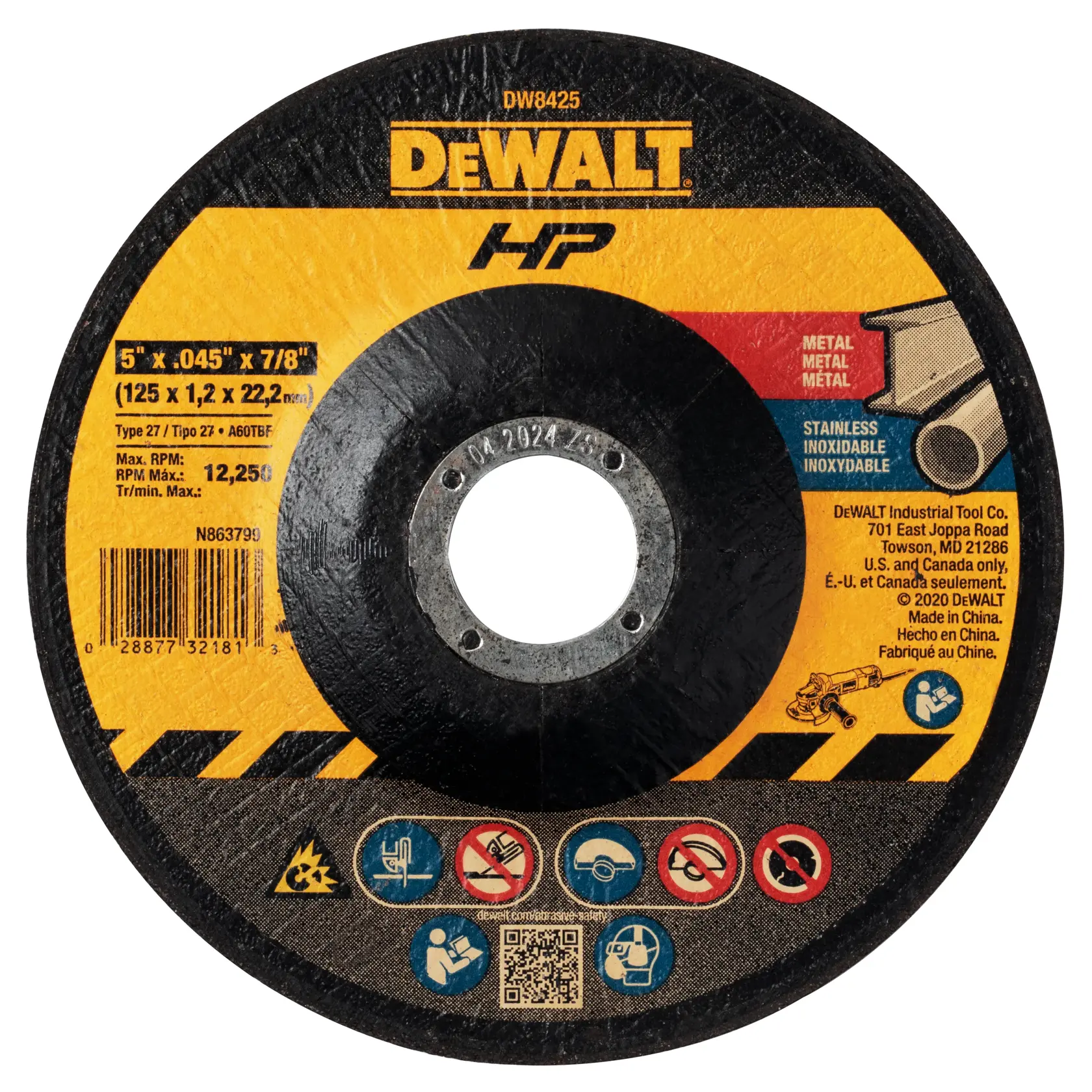 A close-up image of a DEWALT HP branded abrasive cutting disc, model DW8425, with a diameter of 5 inches (125 mm), thickness of 0.045 inches (1.2 mm), and a center hole of 7/8 inches (22.2 mm). The disc is primarily black with yellow labeling, indicating it is designed for cutting metal and stainless steel. Safety symbols and usage instructions are visible around the edge of the disc.