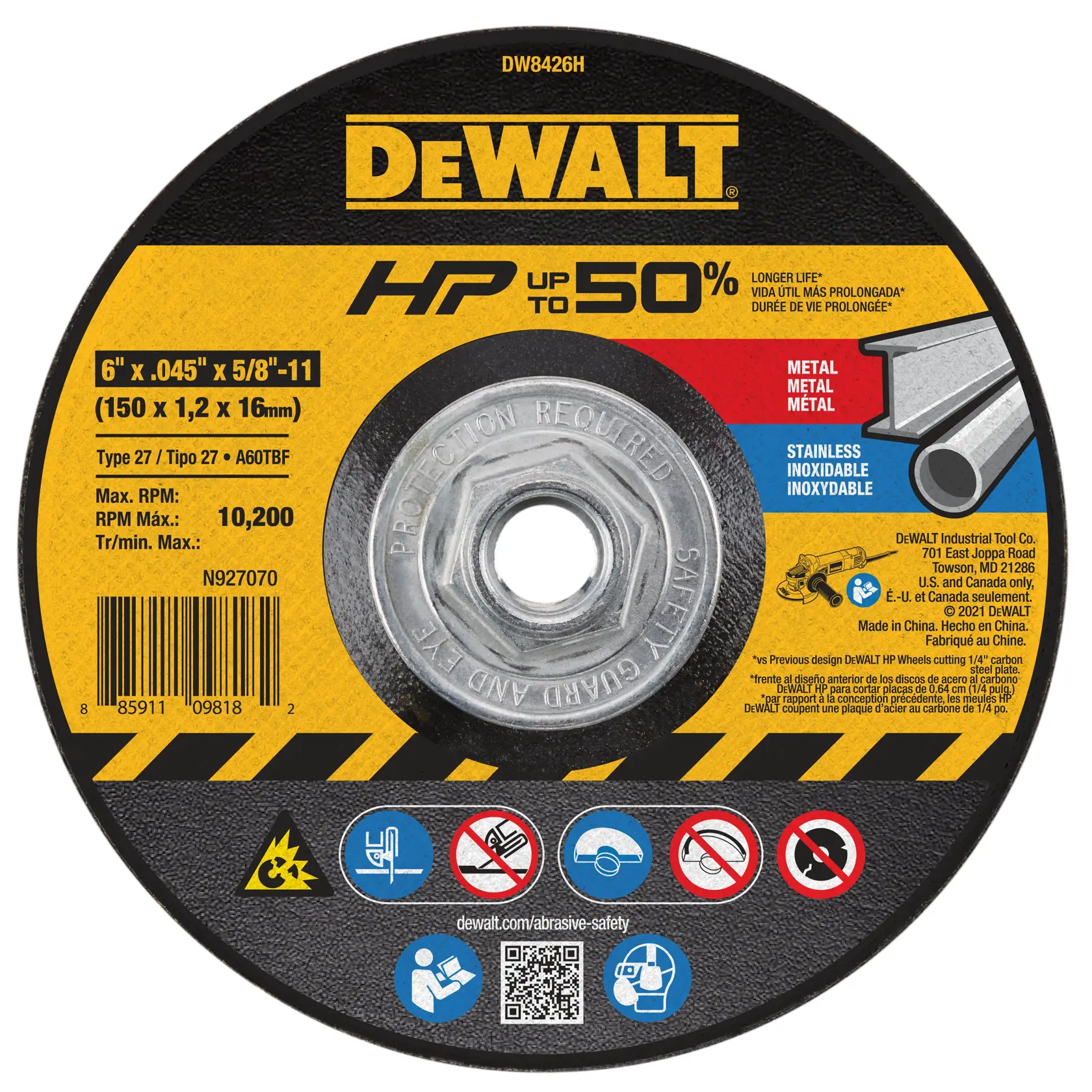 A DEWALT branded abrasive cutting wheel for metal and stainless steel, model DW8426H. The wheel is circular with a central metal hub and has product details including size (6 inch x 0.045 inch x 5/8 inch-11), maximum RPM (10,200), material recommendations, and safety icons on its surface.