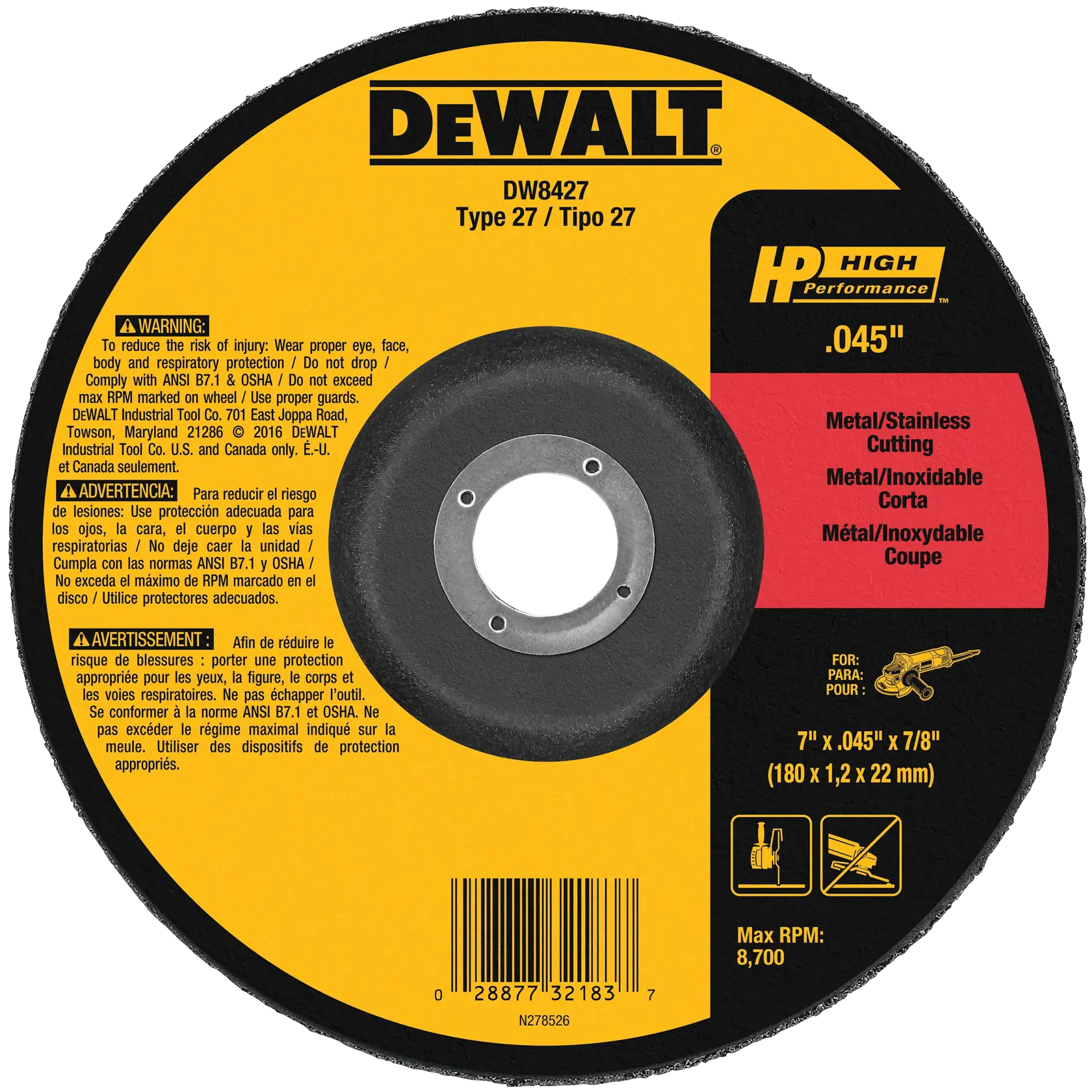 A DEWALT Type 27 cutting wheel for metal and stainless steel, model DW8427. The wheel is predominantly black with a yellow and red label. It measures 7 inches in diameter, .045 inches thick, and has a 7/8 inch center hole. It is suitable for cutting metal and stainless steel and has a maximum RPM of 8,700. Safety warnings are provided in English, Spanish, and French, emphasizing the use of proper eye, face, and respiratory protection.