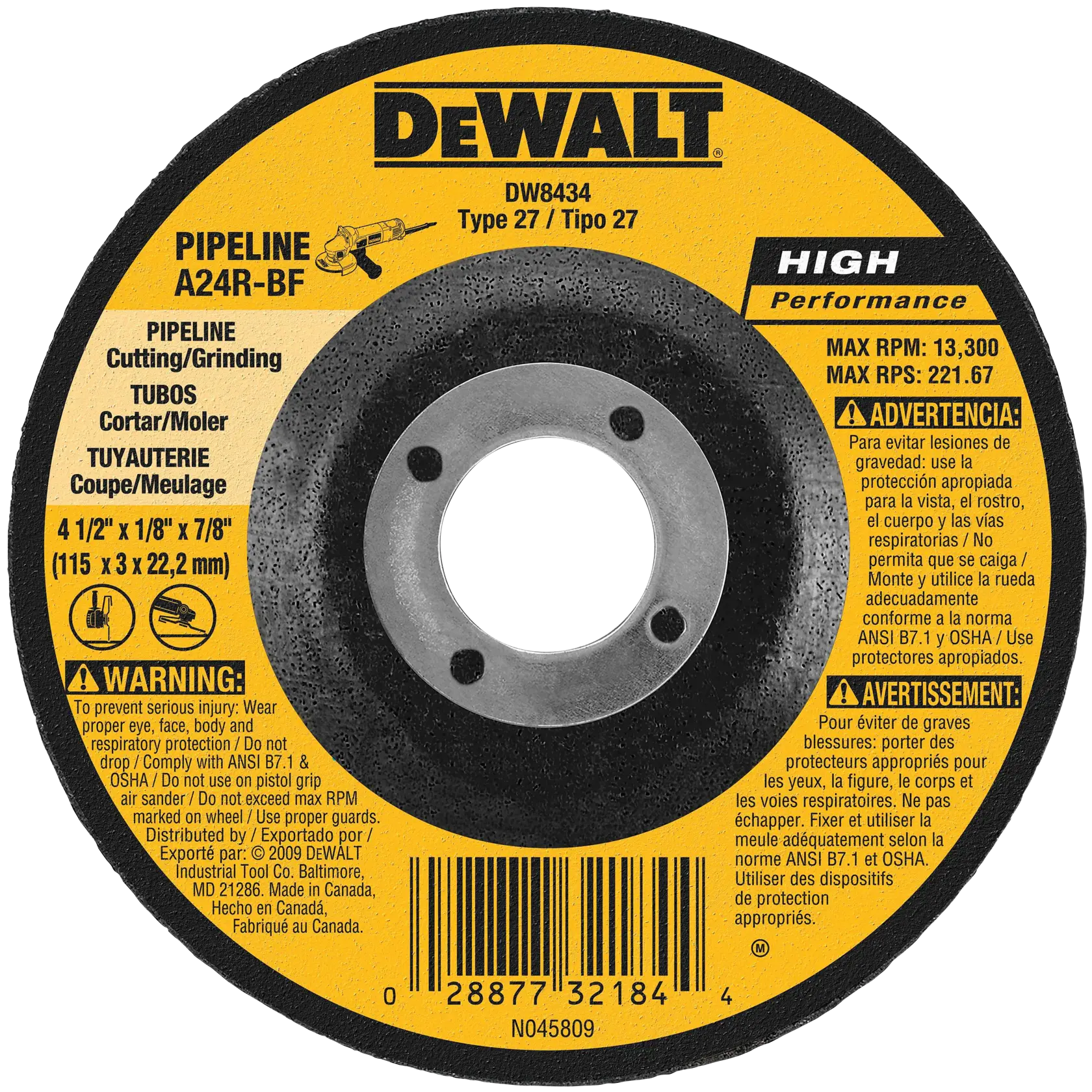 A DEWALT DW8434 Pipeline A24R-BF Type 27 cutting and grinding wheel for pipes, shown in a circular shape with a yellow label displaying specifications, warnings, and safety instructions in English, Spanish, and French.