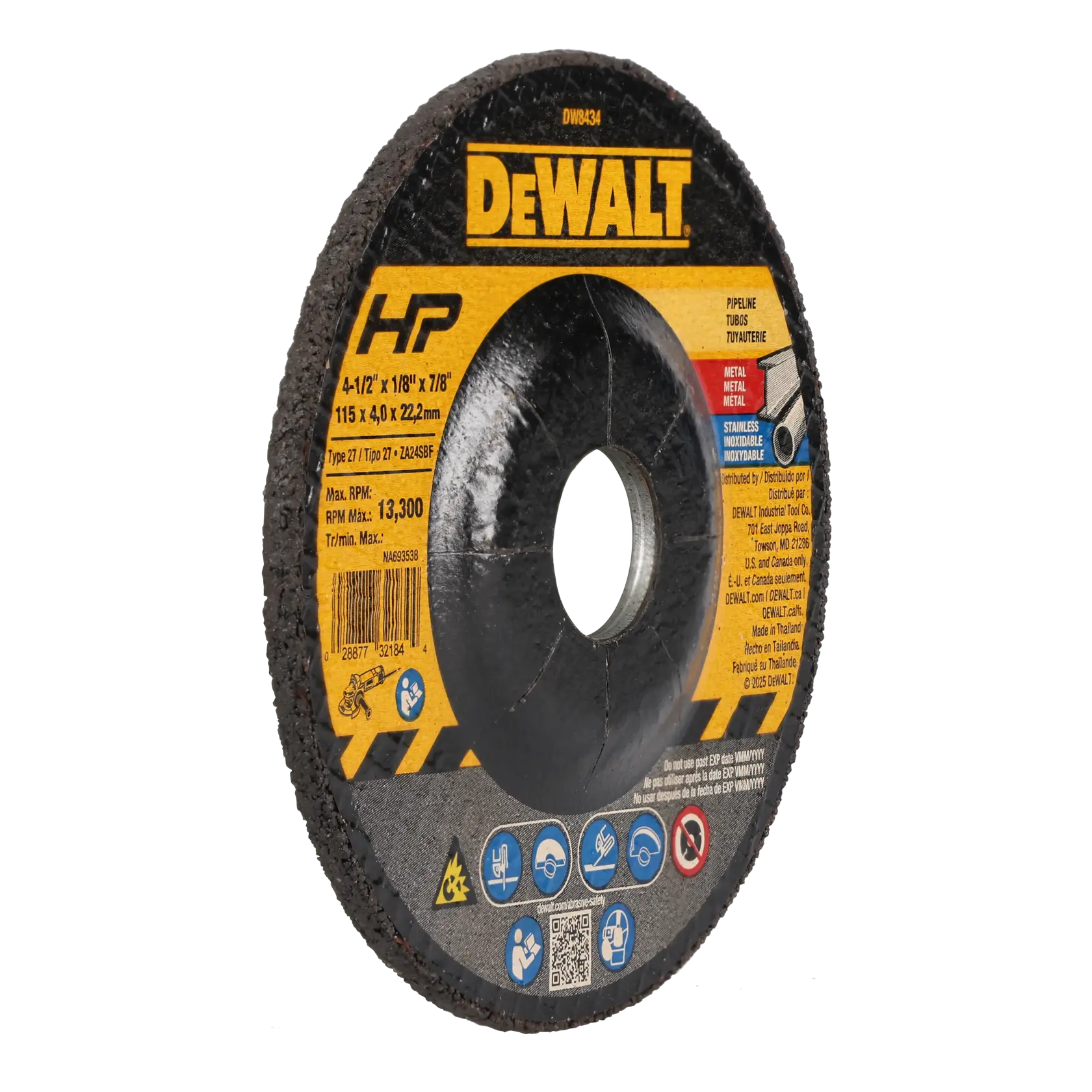 A DEWALT branded abrasive grinding wheel, model DW8434, designed for metal and stainless steel, with a size of 4-1/2 inches by 1/8 inch by 7/8 inch (115 x 4.0 x 22.2 mm). The wheel has a yellow and black label with product information and safety icons.