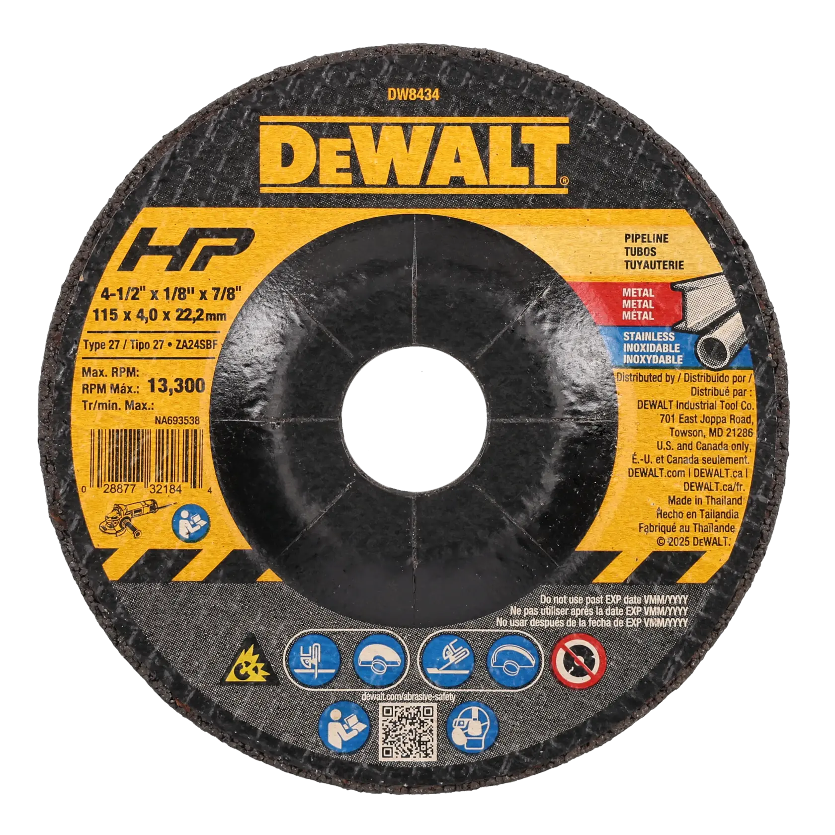 A DEWALT branded circular abrasive cutting disc, model DW8434, designed for pipeline, metal, and stainless steel cutting. The disc measures 4-1/2 inches in diameter, 1/8 inch thick, and has a 7/8 inch arbor hole (115 x 4.0 x 22.2 mm). Maximum RPM is 13,300. Safety icons and product information are visible on the yellow and black label.