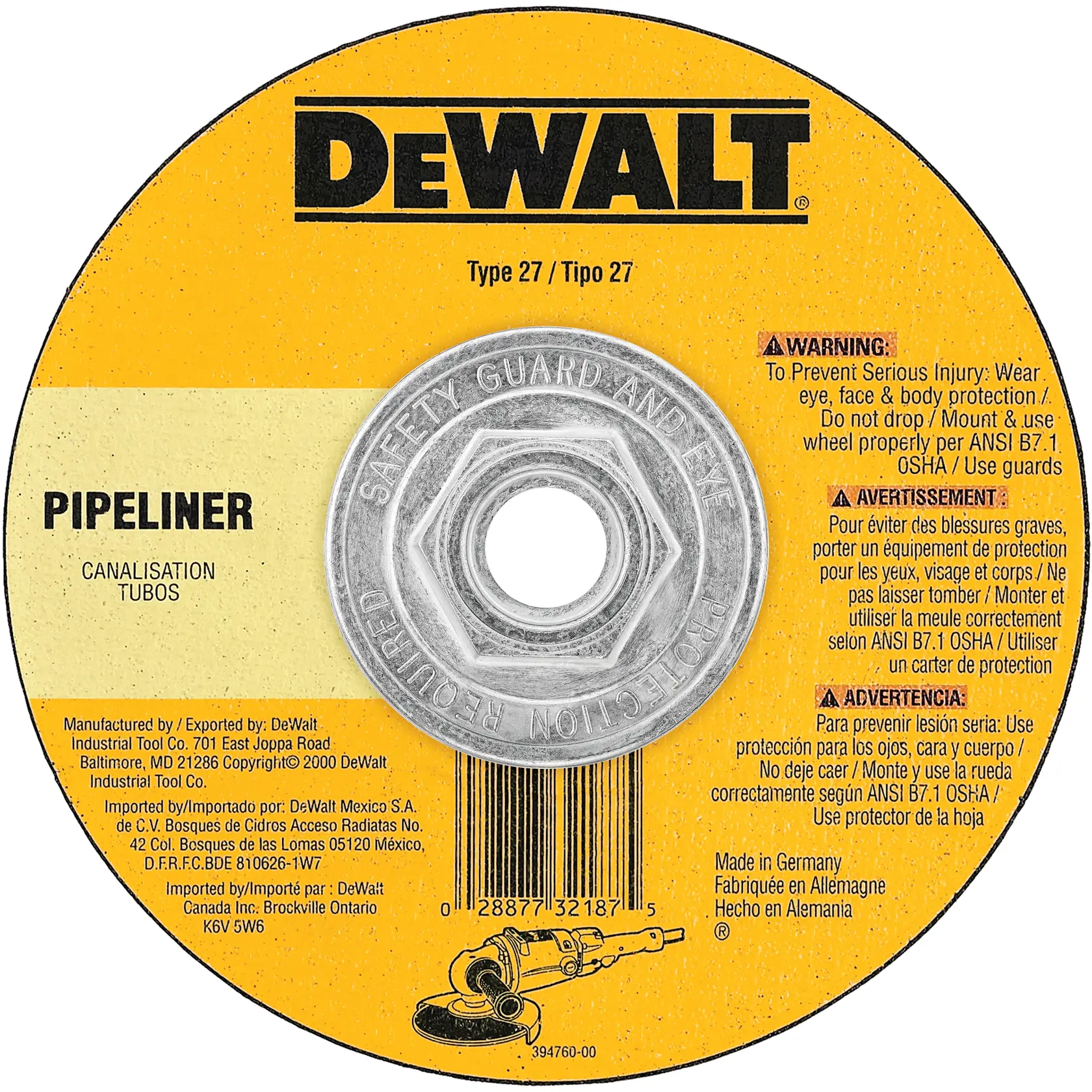 A DEWALT branded circular grinding wheel labeled 'Pipeliner' for canalization and pipes, Type 27. The wheel features safety and usage instructions in English, French, and Spanish, as well as manufacturer details. The center has a metallic circular mount with 'Safety Guard and Eye Protection Required' engraved around it.