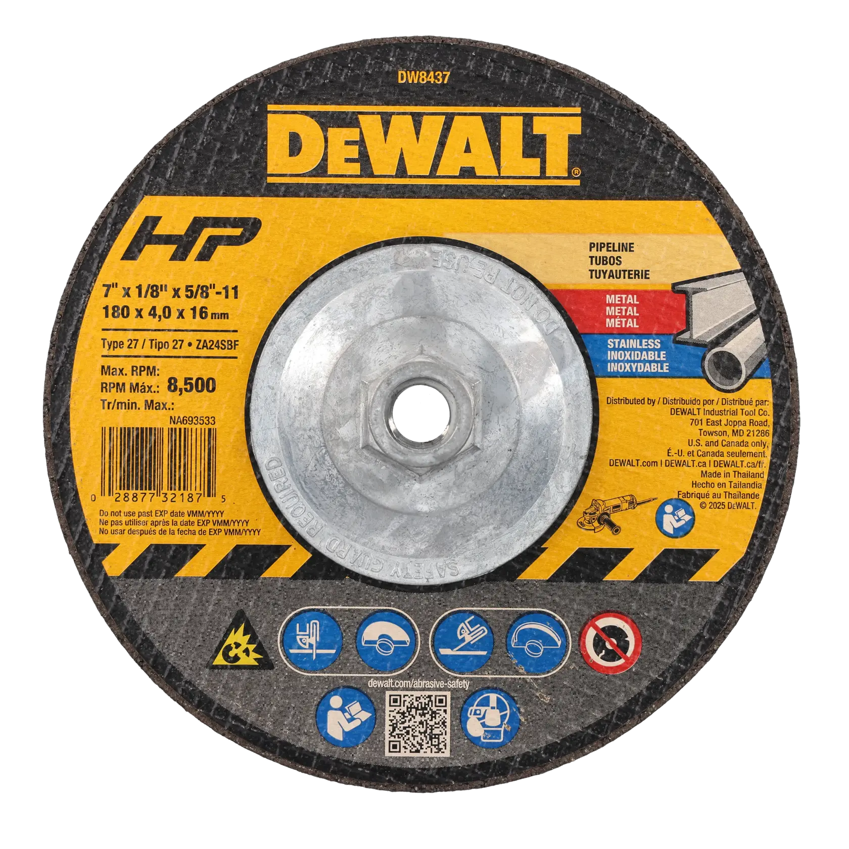 A DEWALT DW8437 grinding wheel designed for metal and stainless steel, showing specifications such as size (7 x 1/8 x 5/8-11 inches), maximum RPM of 8,500, and safety icons. The wheel has a yellow and black label with text and a metal center.