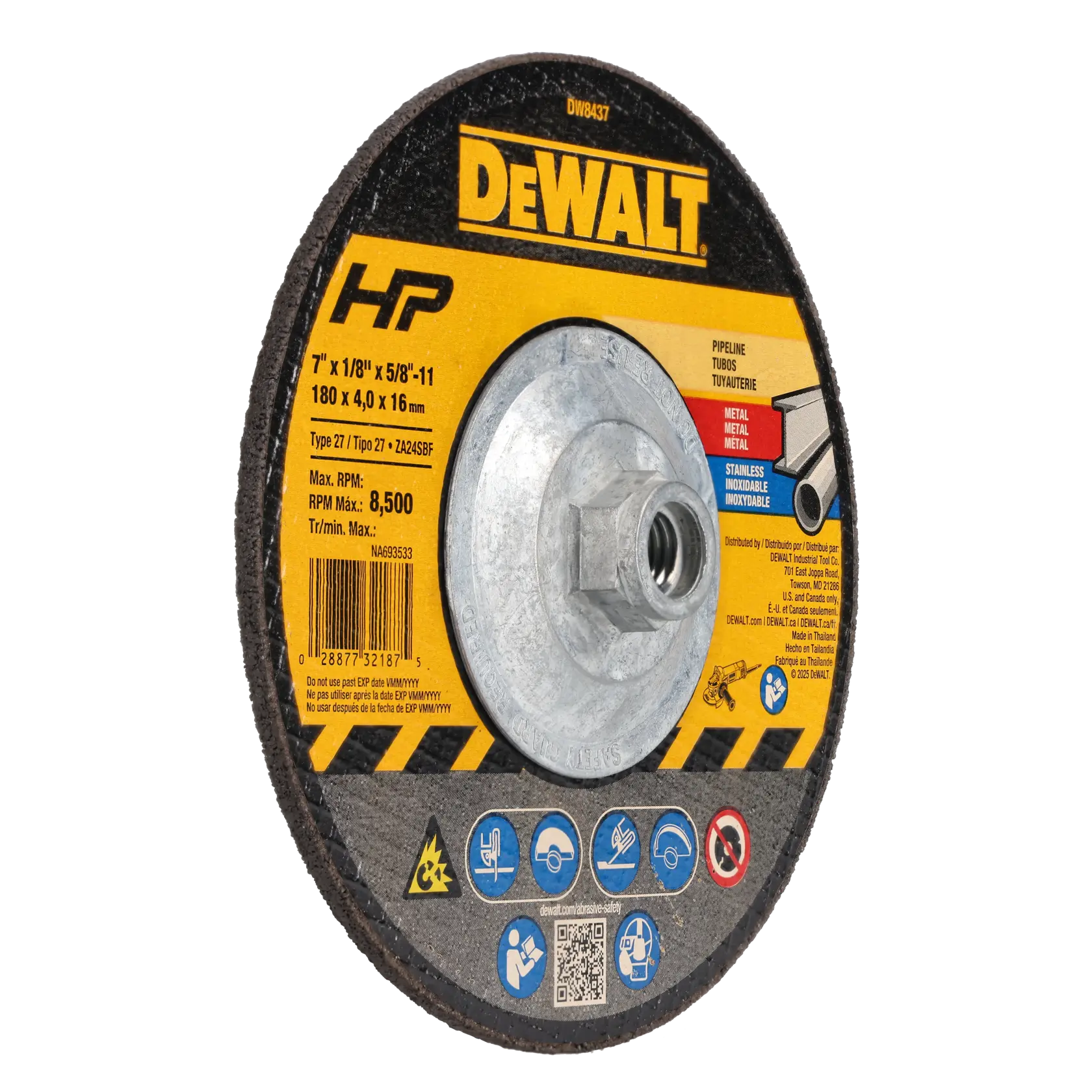 A DEWALT branded abrasive grinding wheel, model DW8437, designed for metal and stainless steel applications. The wheel features specifications including 7 inch diameter, 1/8 inch thickness, 5/8-11 thread, and a maximum RPM of 8,500. The label shows various safety icons and usage instructions.