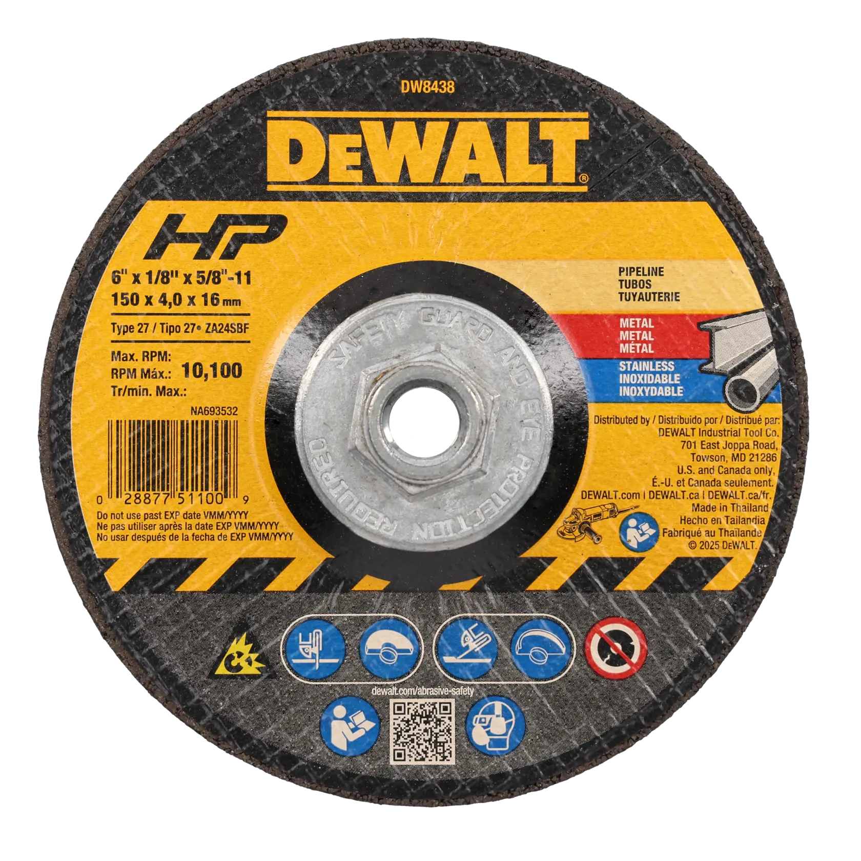 A close-up image of a DEWALT DW8438 grinding wheel. The wheel features a yellow and black label with product specifications including size (6" x 1/8" x 5/8"-11), maximum RPM (10,100), and applications for metal and stainless steel pipes. Safety icons and usage instructions are visible on the lower section of the label.