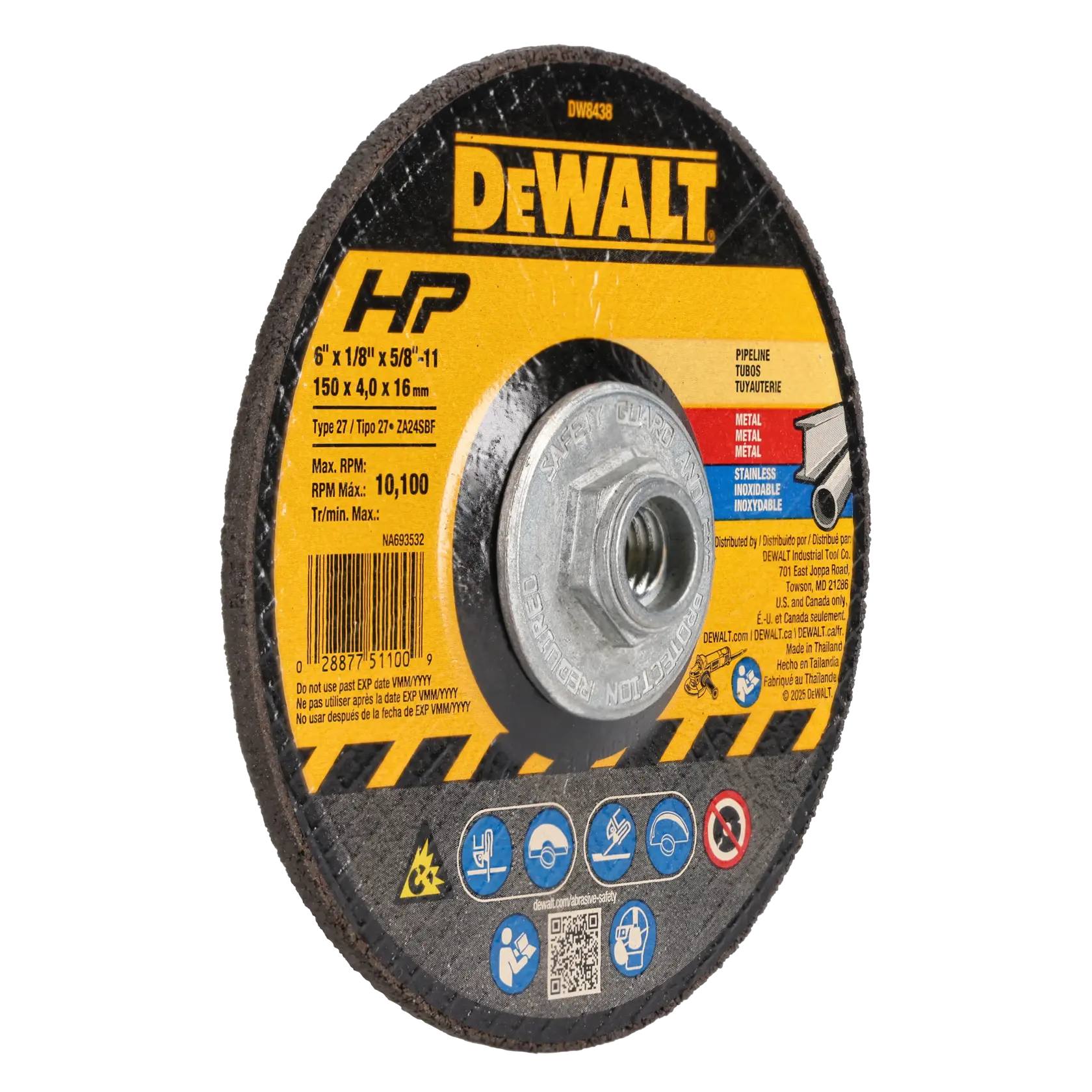 A close-up view of a DEWALT branded grinding wheel for metalwork, showing the yellow and black label with specifications including size, maximum RPM, and safety information. The wheel has a central mounting hole with a metal nut attached.