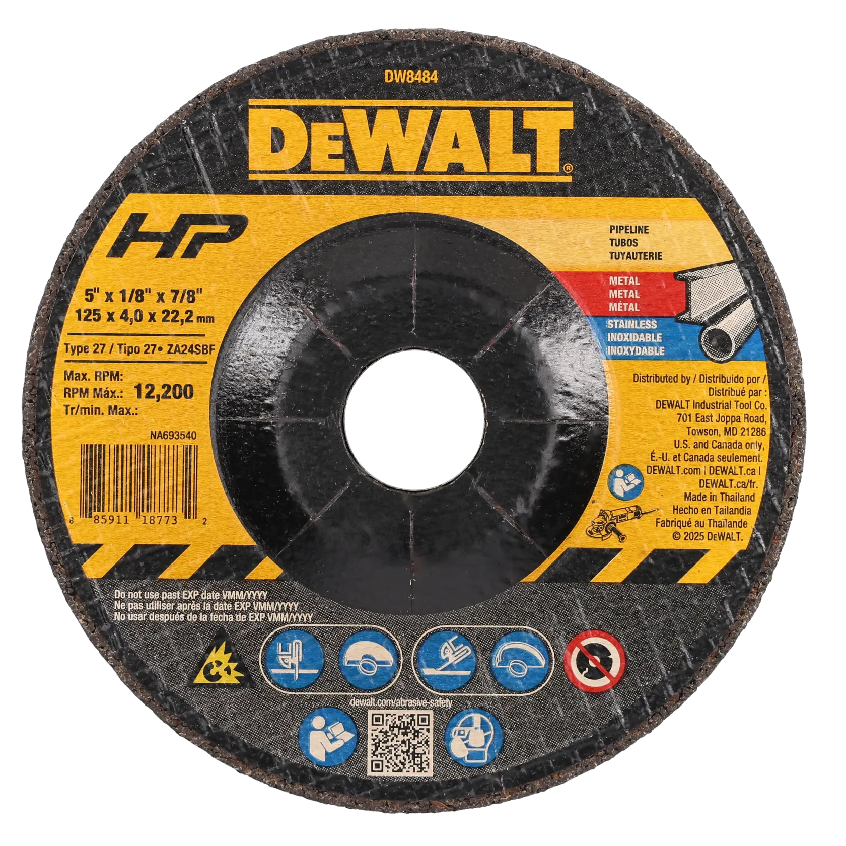 A close-up image of a DEWALT branded abrasive cutting disc, model DW8484, designed for metal and stainless steel. The disc is labeled with specifications: size 5 inches by 1/8 inch by 7/8 inch (125 x 4.0 x 22.2 mm), maximum RPM 12,200, and features usage instructions and safety icons around the edge. The product is made in Thailand and is distributed by DEWALT Industrial Tool Co.