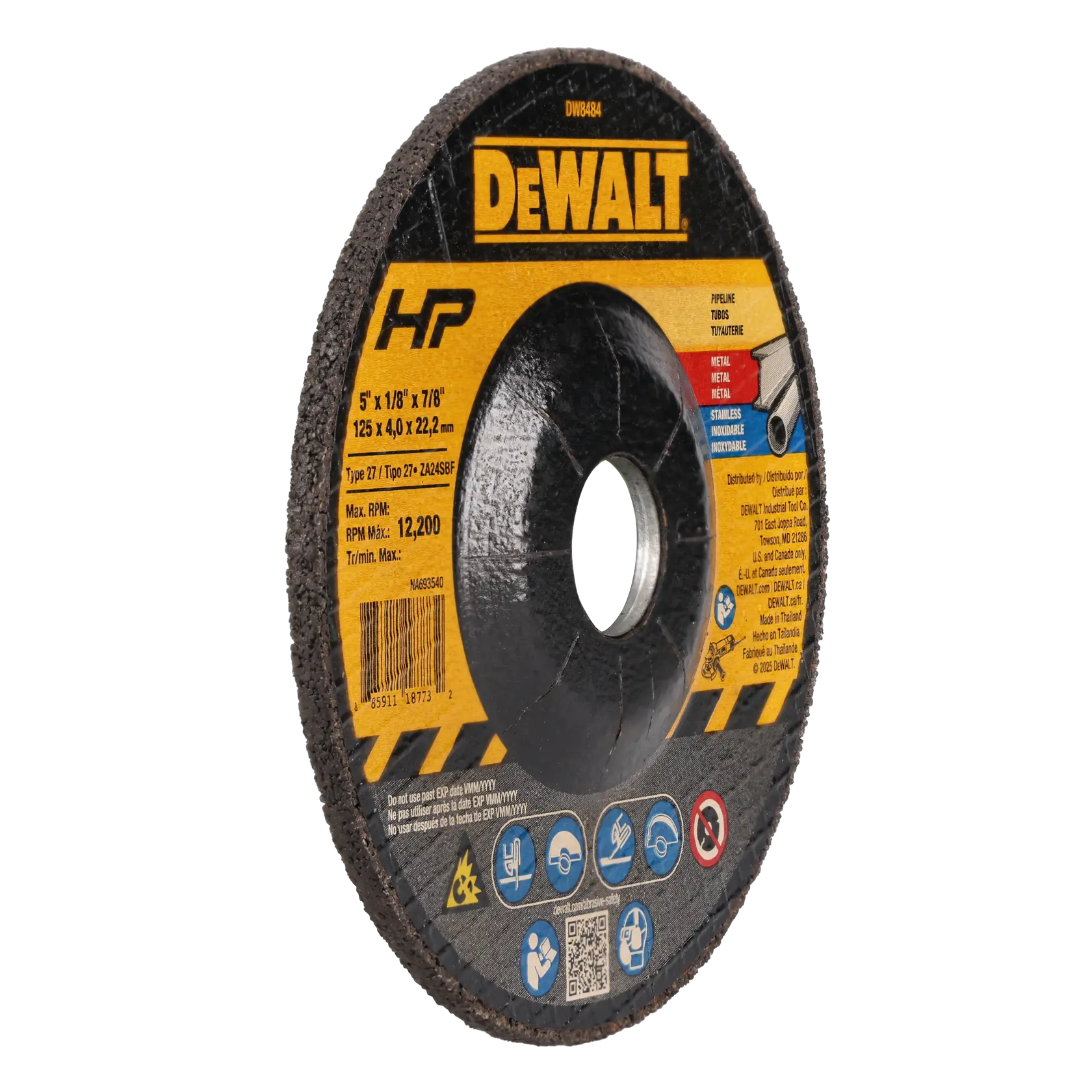 A DEWALT branded abrasive grinding wheel, model DW8484, with specifications of 5 inches x 1/8 inch x 7/8 inch (125 x 4.0 x 22.2 mm). The product is designed for metal grinding, as indicated by illustrations and text. The label shows a maximum RPM of 12,200 and safety icons for proper use.