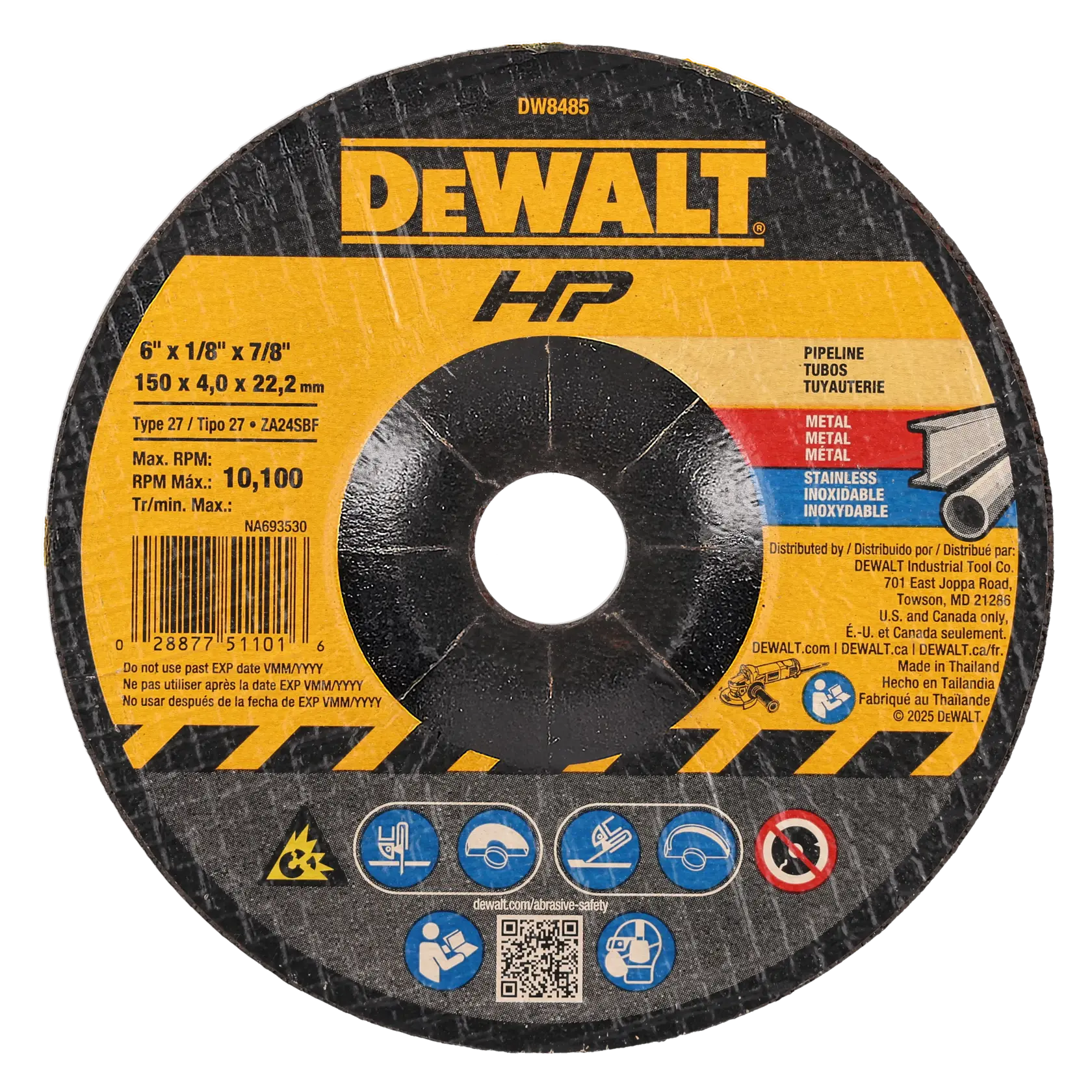 A DEWALT branded grinding wheel, SKU DW8485, designed for pipeline and stainless steel metal work. The black and yellow wheel has specifications printed: 6 inch x 1/8 inch x 7/8 inch (150 x 4.0 x 22.2 mm), Type 27, with a maximum RPM of 10,100. The product has usage instructions, safety icons, a barcode, and manufacturing details.