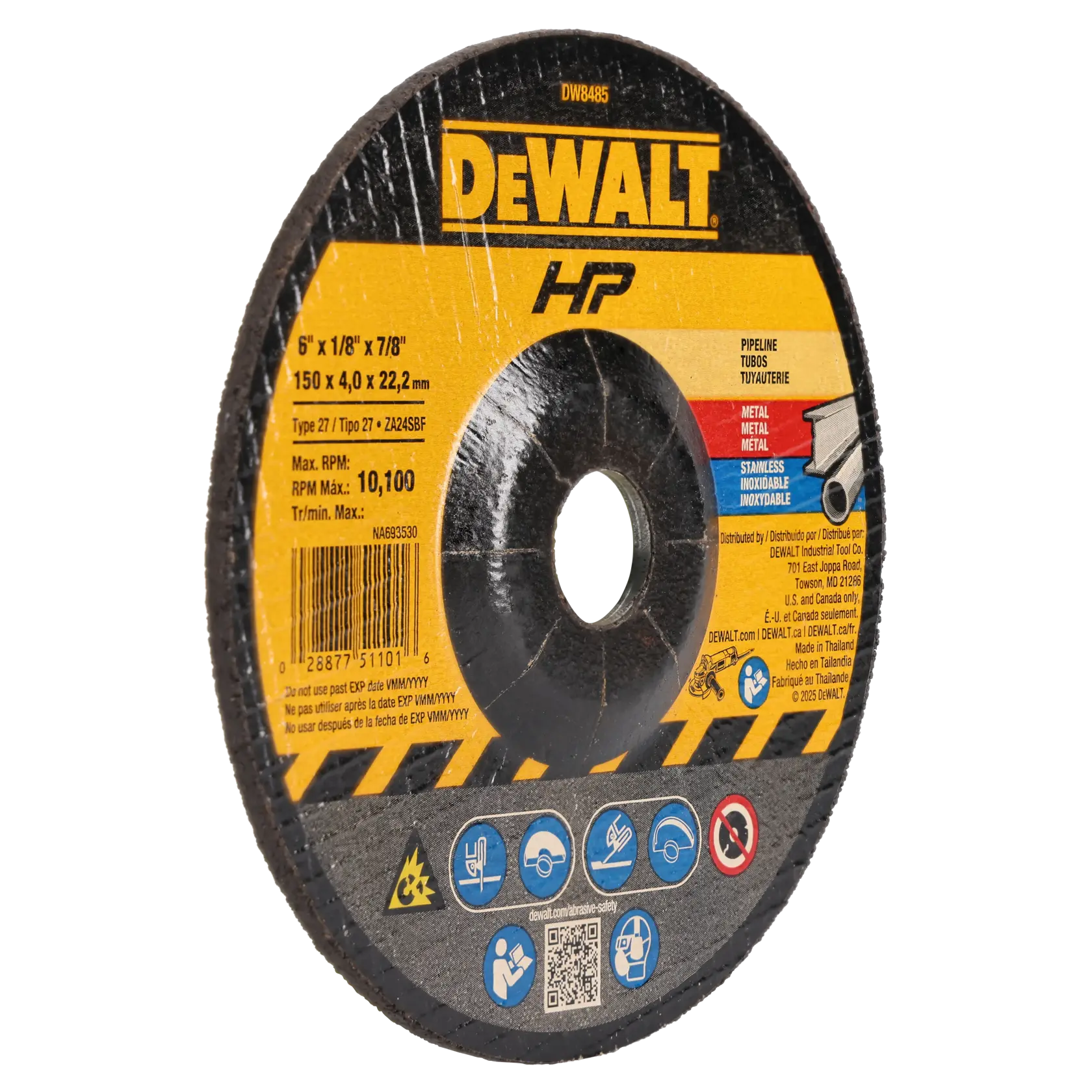 A close-up image of a DeWalt HP grinding or cutting disc, used for metal and stainless steel, with yellow and black labeling and safety icons at the bottom.