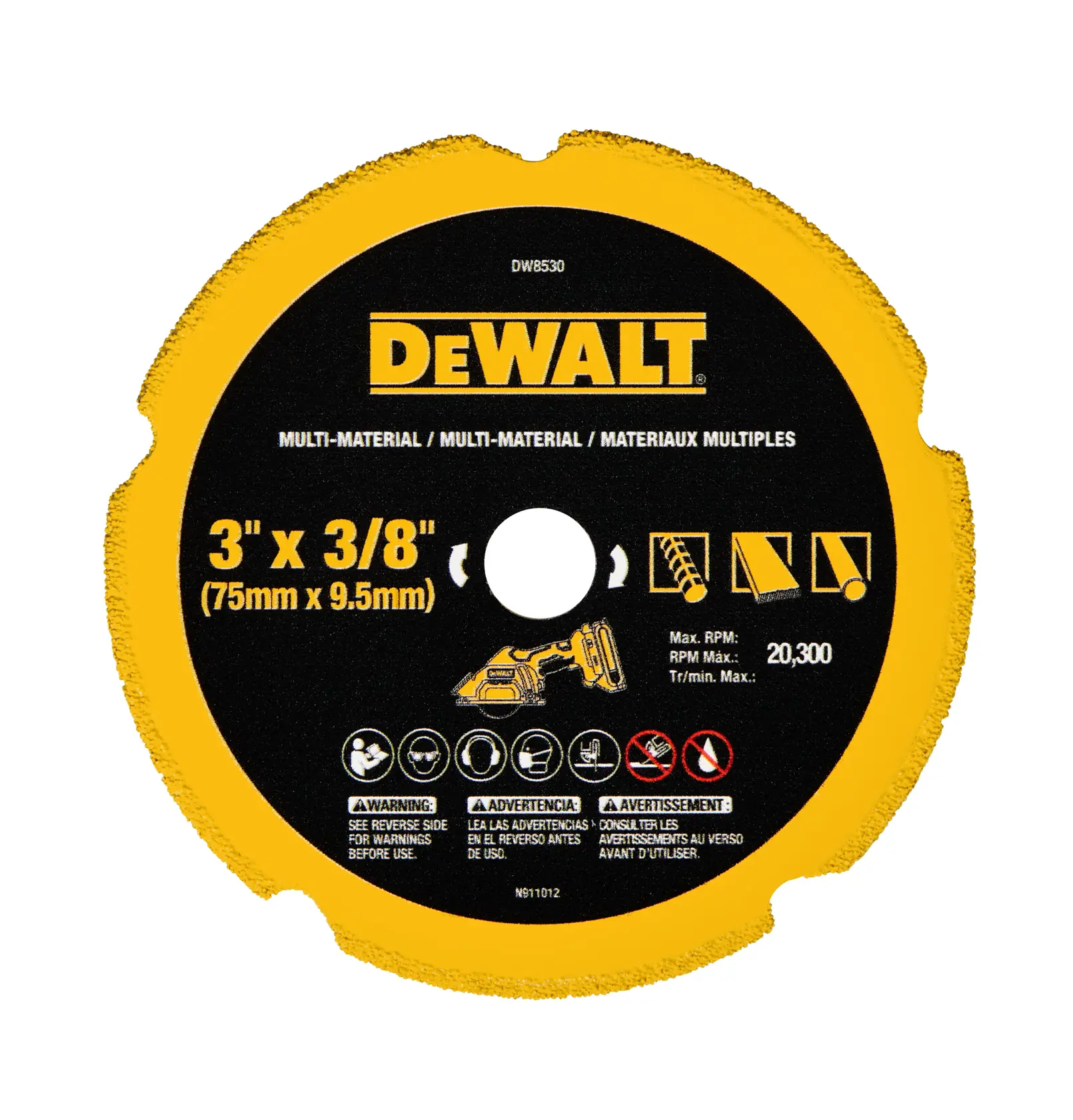 A DEWALT branded circular saw blade with a yellow rim and black center, designed for multi-material cutting. The blade size is 3 inches by 3/8 inch (75mm x 9.5mm) and the maximum RPM is 20,300. Safety and usage icons are shown along the bottom.
