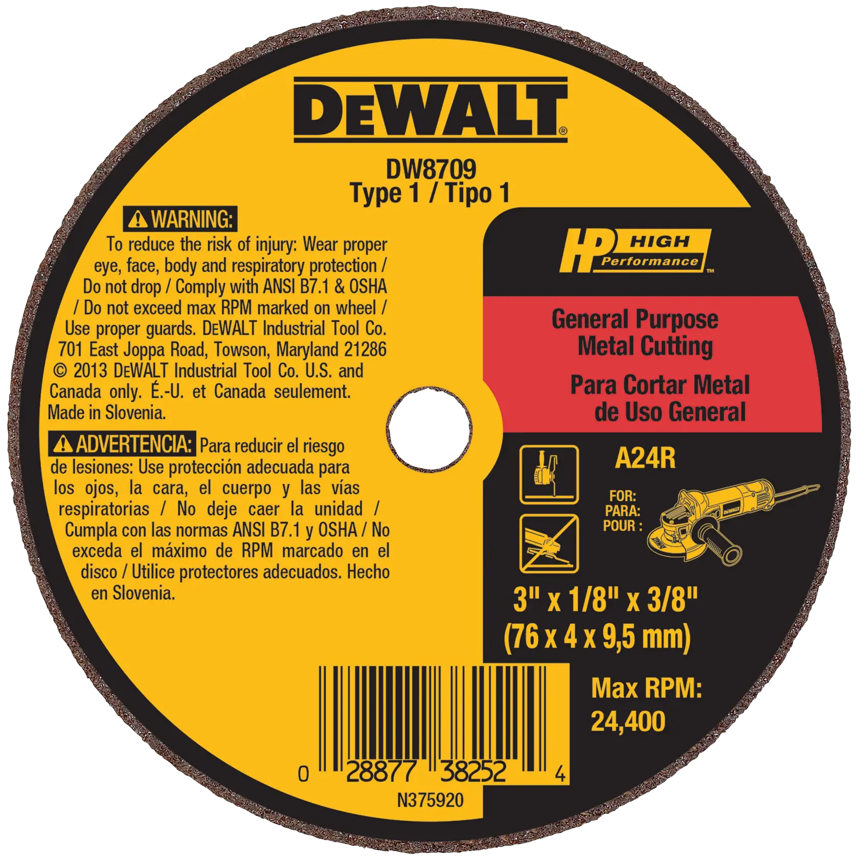 A circular DEWALT branded metal cutting wheel, model DW8709, type 1. Key information printed on the label includes safety warnings in English and Spanish, performance specifications such as general purpose metal cutting, maximum RPM of 24,400, and size details (3 x 1/8 x 3/8 inches or 76 x 4 x 9.5 mm). The label also shows compatibility icons for tools and a barcode at the bottom.