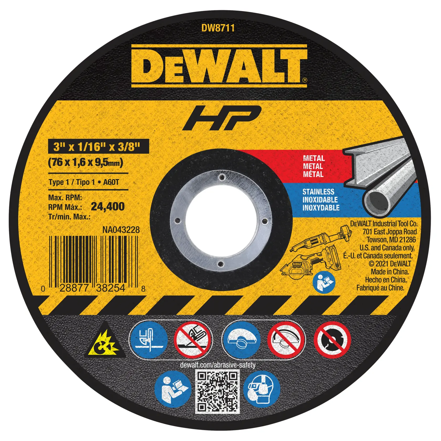 A DEWALT DW8711 abrasive cutting wheel, 3 inches by 1/16 inch by 3/8 inch (76 x 1.6 x 9.5mm), designed for cutting metal and stainless steel. The wheel displays safety icons, barcode, product details, and DEWALT branding in yellow and black.
