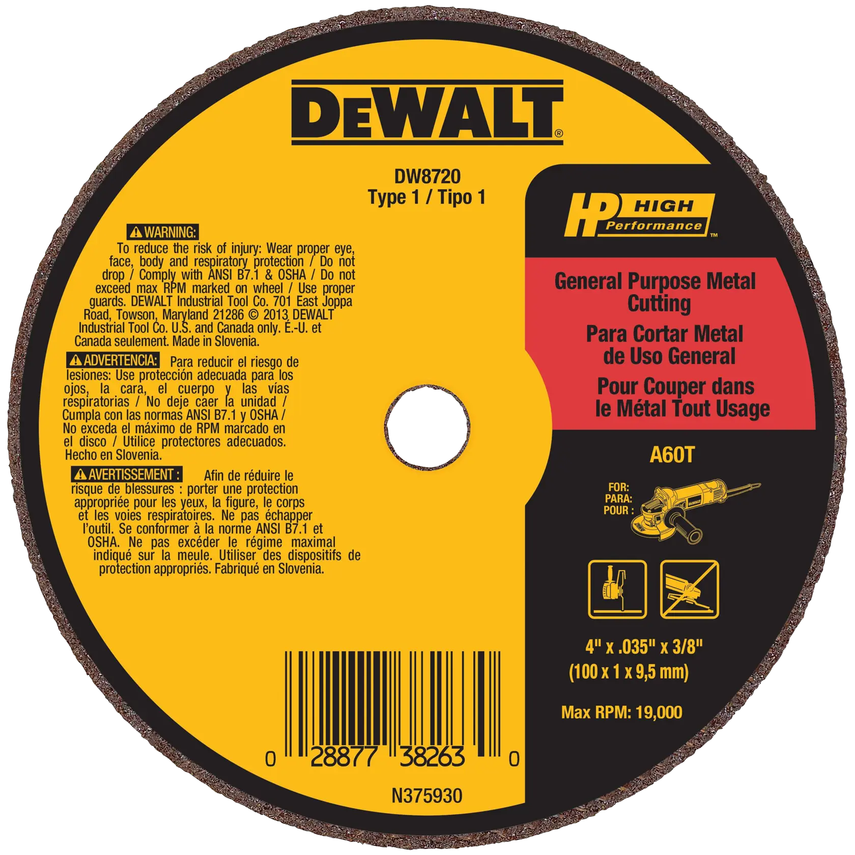 DEWALT DW8720 general purpose metal cutting disc, Type 1, 4 inch x 0.035 inch x 3/8 inch (100 x 1 x 9.5 mm), suitable for metal cutting, high performance, warning labels in English, Spanish, and French, barcode, and maximum RPM of 19,000 shown.