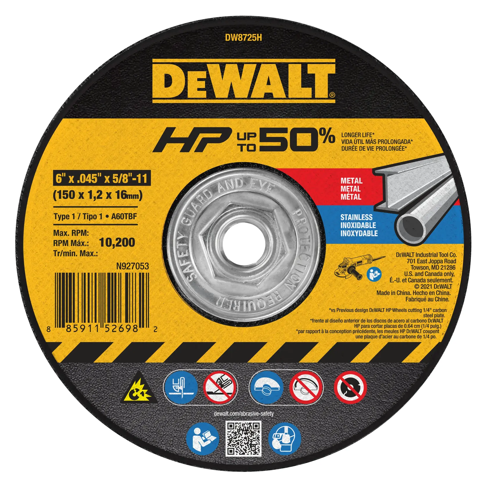 A DEWALT branded cutting wheel, model DW8725H, with specifications for metal and stainless steel cutting. The wheel is 6 inches by 0.045 inches with a 5/8-inch arbor, and has a maximum RPM of 10,200. The label displays safety icons and product information.
