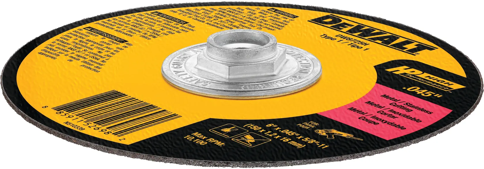 DEWALT abrasive cutting wheel with a yellow and black label, designed for metal cutting, featuring product details, a barcode, and a central mounting hole.