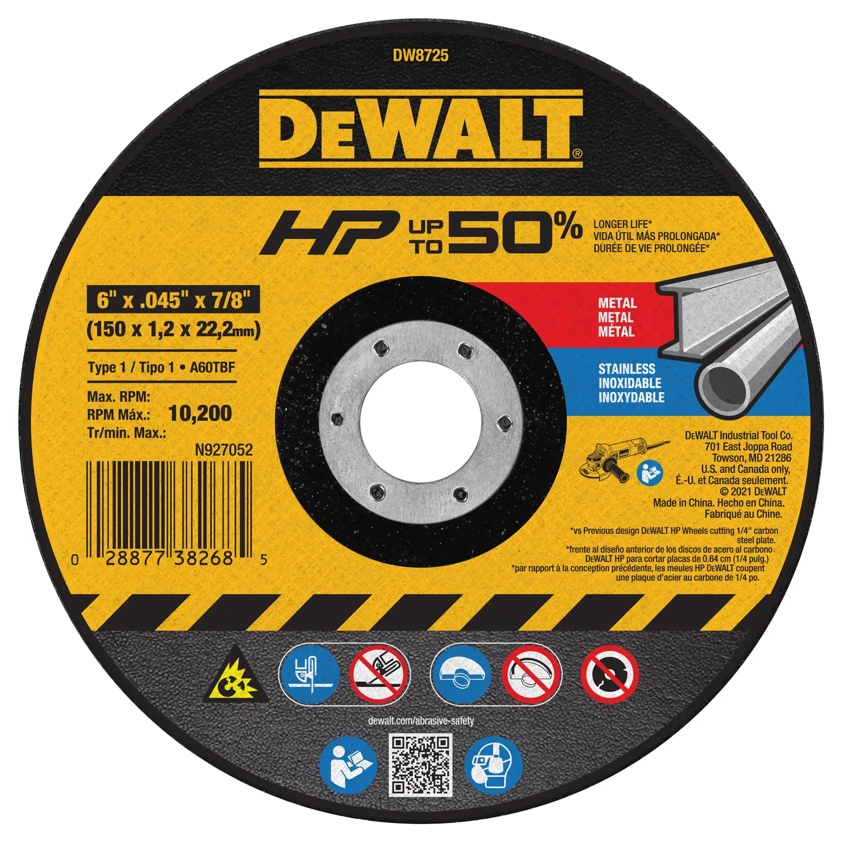 DEWALT DW8725 abrasive cutting wheel for metal and stainless steel, 6-inch diameter, 0.045-inch thickness, 7/8-inch arbor hole. The label highlights up to 50% longer life, maximum RPM of 10,200, and safety icons. Product specifications and barcode are visible.