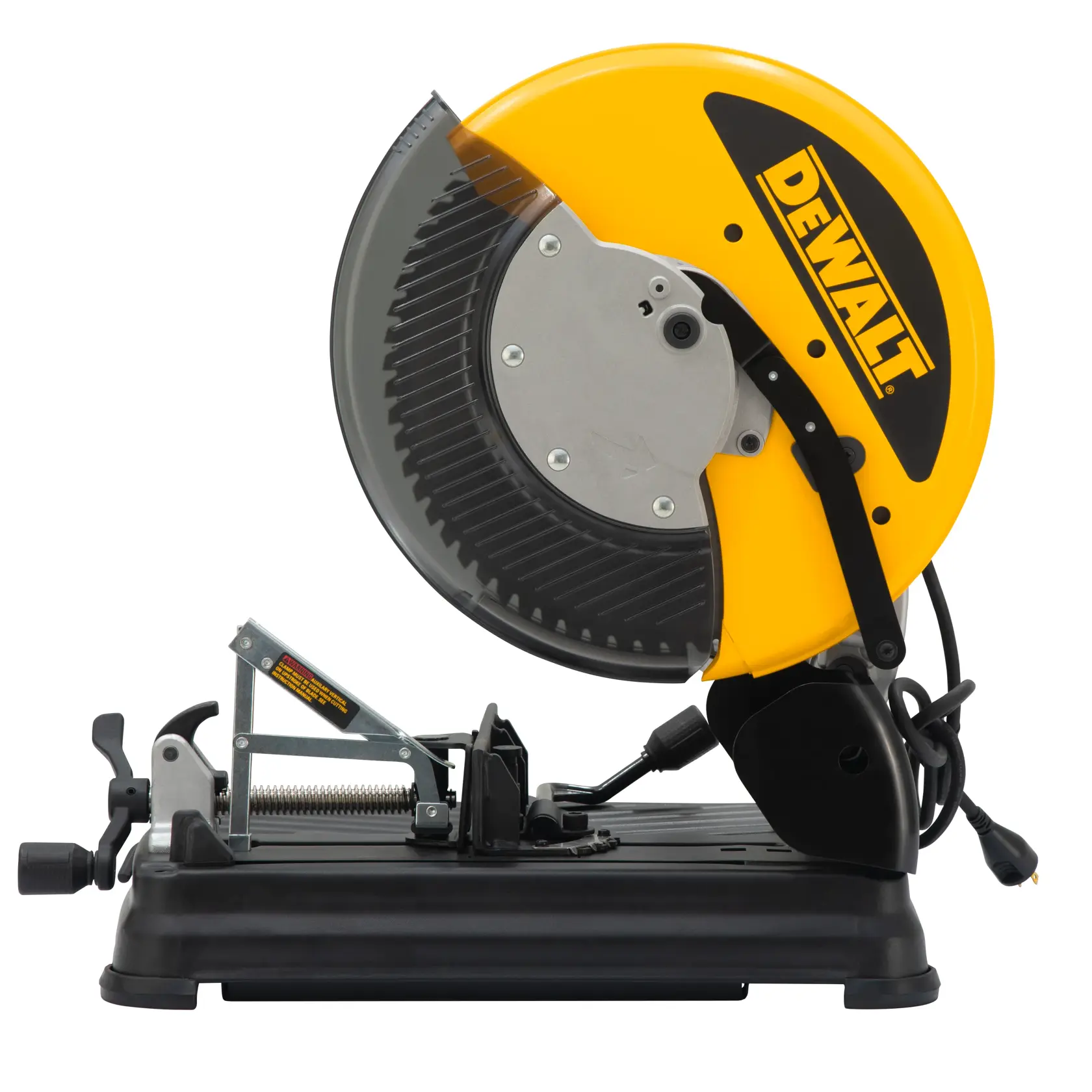 DEWALT DW872 metal cutting saw with yellow blade guard and sturdy black base shown from side view.