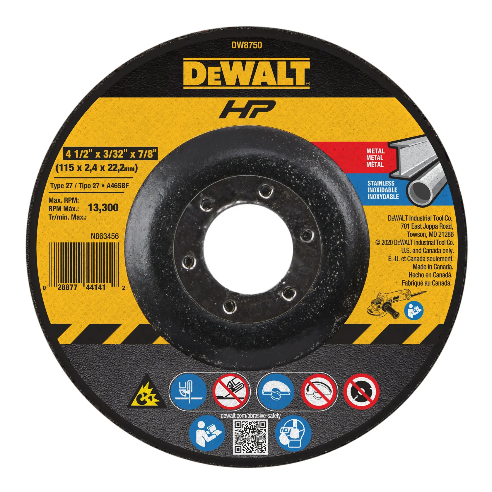 A DEWALT HP branded abrasive cutting disc, model DW8750, designed for metal and stainless steel. The disc has specifications of 4 1/2 inch x 3/32 inch x 7/8 inch (115 x 2.4 x 22.2 mm) with a maximum RPM of 13,300. The label includes safety and usage icons, barcode, and manufacturer information.