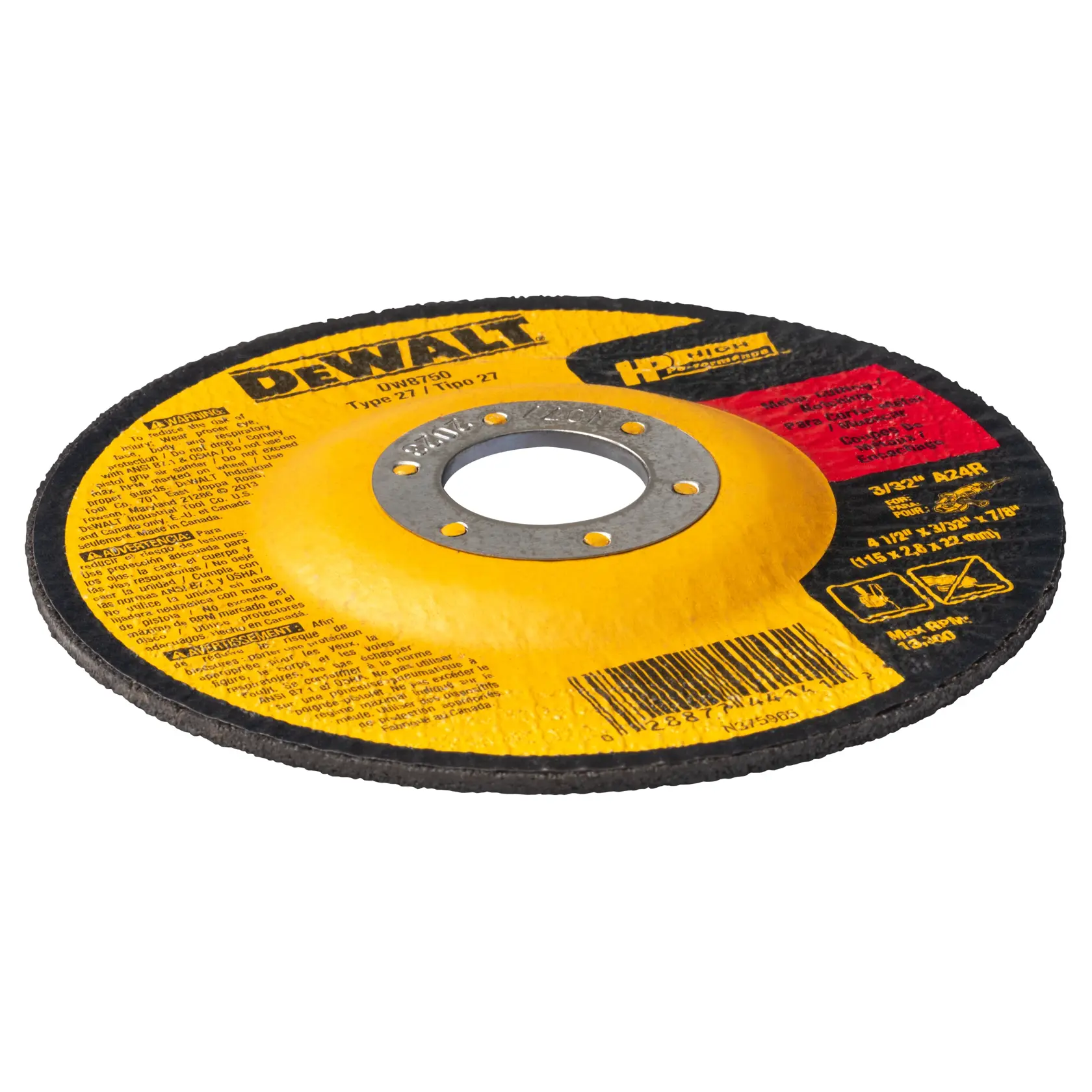 A DEWALT branded abrasive grinding wheel with a yellow and black label, designed for cutting or grinding metal, featuring a central hole for mounting onto a tool.