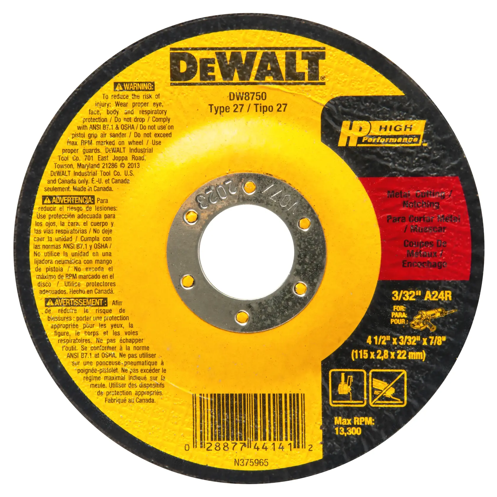 A DEWALT DW8750 Type 27 metal cutting disc. The disc is mostly yellow with black and red details, featuring safety warnings, specifications (3/32 inch A24R, 4 1/2 inch by 3/32 inch by 7/8 inch, max RPM: 13,300), and barcode. The center is metallic, with holes for attachment.