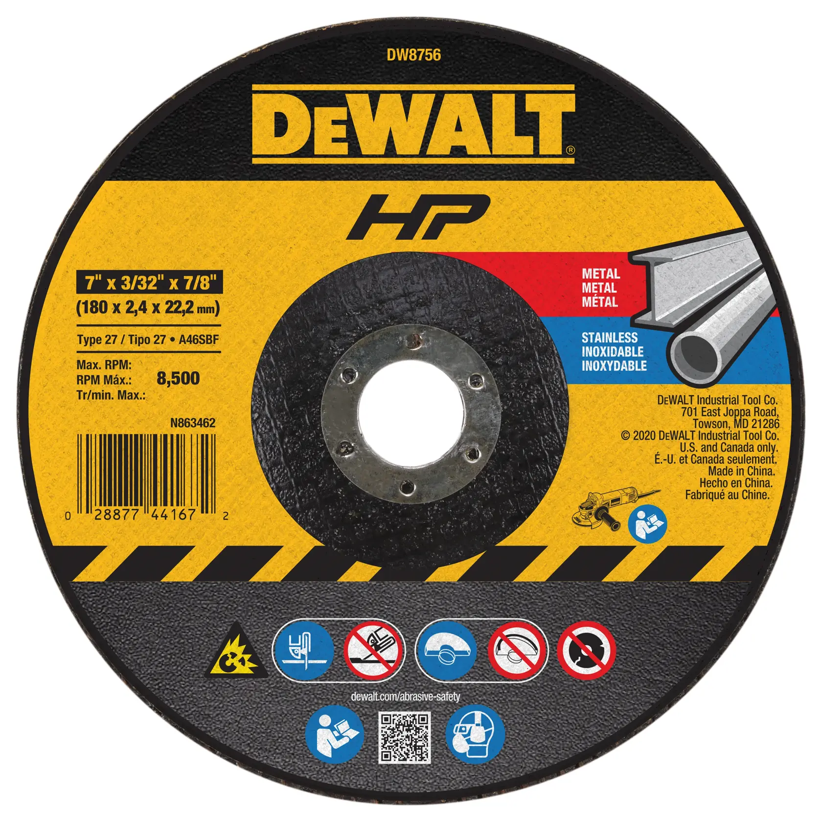 A DEWALT branded HP metal cutting and grinding disc, SKU DW8756. It is a 7 inch by 3/32 inch by 7/8 inch (180 x 2.4 x 22.2 mm) Type 27 wheel, suitable for cutting metal and stainless steel. The disc features safety icons, a barcode, and product information in English, Spanish, and French.