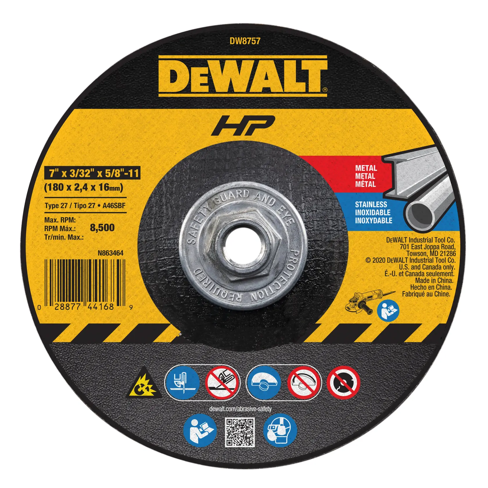 A DEWALT branded grinding wheel, model DW8757. The wheel is labeled for cutting metal and stainless steel, with specifications of 7 inches x 3/32 inches x 5/8-11 (180 x 2.4 x 16mm), maximum RPM of 8,500, and Type 27. The product displays safety and usage icons, as well as a barcode and company information.