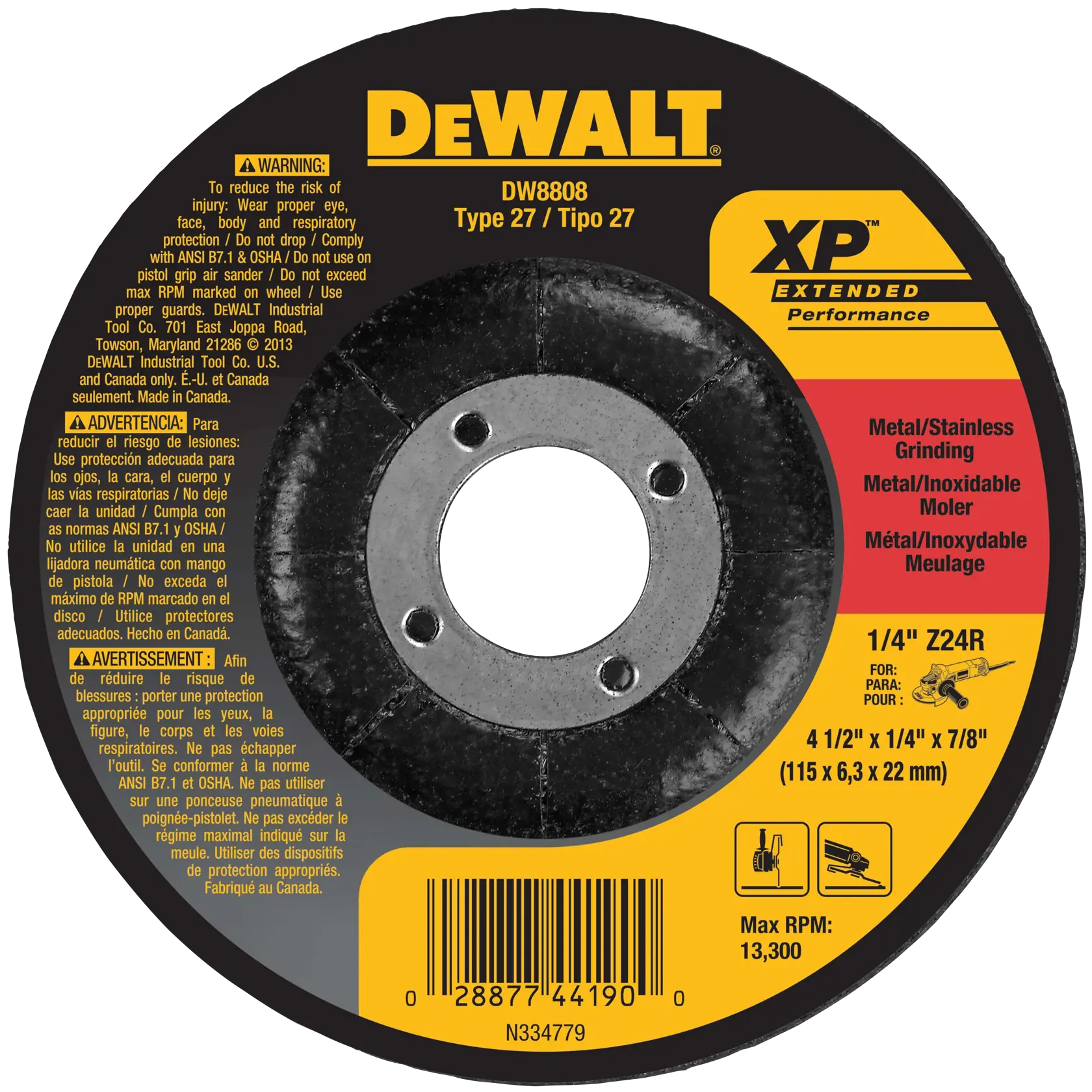 4 and a half inch by 1 eighth of an inch by 7 eighths of an inch X P metal grinding wheel type 27.