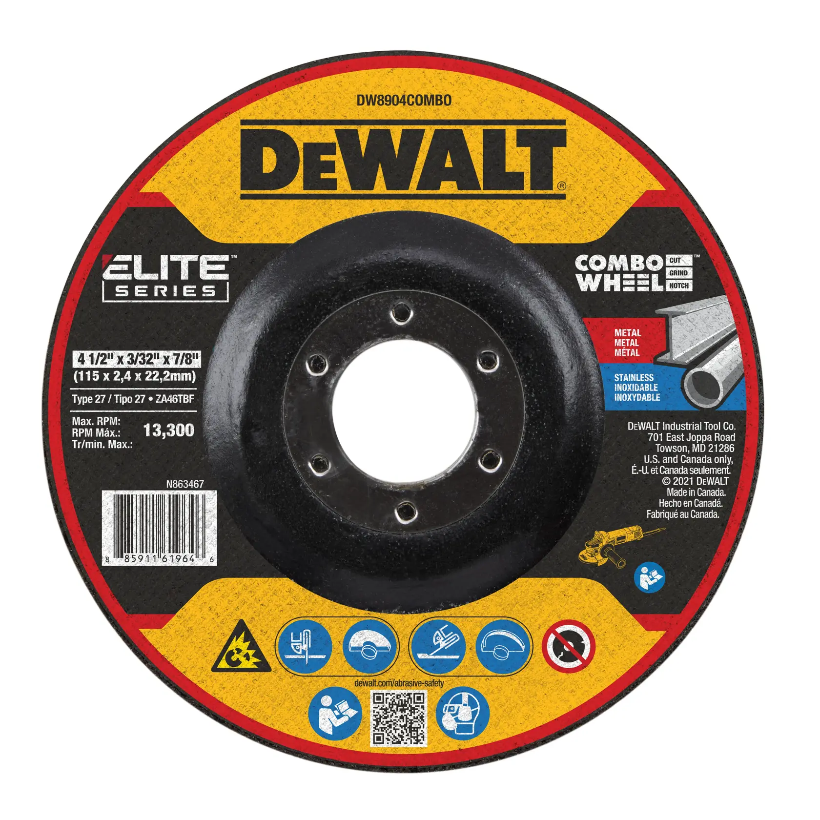 A DEWALT Elite Series combo wheel for cutting, grinding, and notching metal and stainless steel. The circular disc features product information such as DW8904COMBO, 4 1/2 inch x 3/32 inch x 7/8 inch size, max RPM 13,300, and safety symbols. The packaging shows the DEWALT logo, barcode, and manufacturing details.