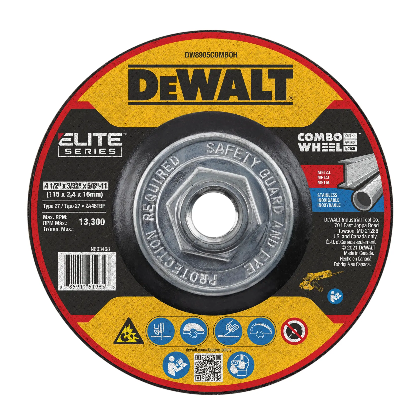 Image of a DEWALT Elite Series combo wheel for grinding, cutting, and finishing metal and stainless steel. The wheel is labeled with product number DW8905COMBOH and has specifications 4 1/2 inch x 3/32 inch x 5/8-11 (115 x 2.4 x 16mm), Type 27. Maximum RPM is 13,300. The label displays safety icons and product usage information.