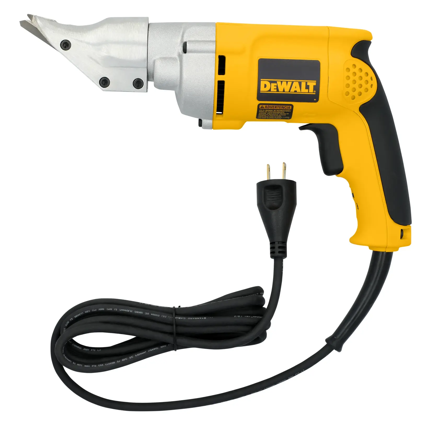 A DEWALT electric metal shear tool with a yellow and black handle, a silver cutting head, and a long black power cord with a plug, shown against a white background.