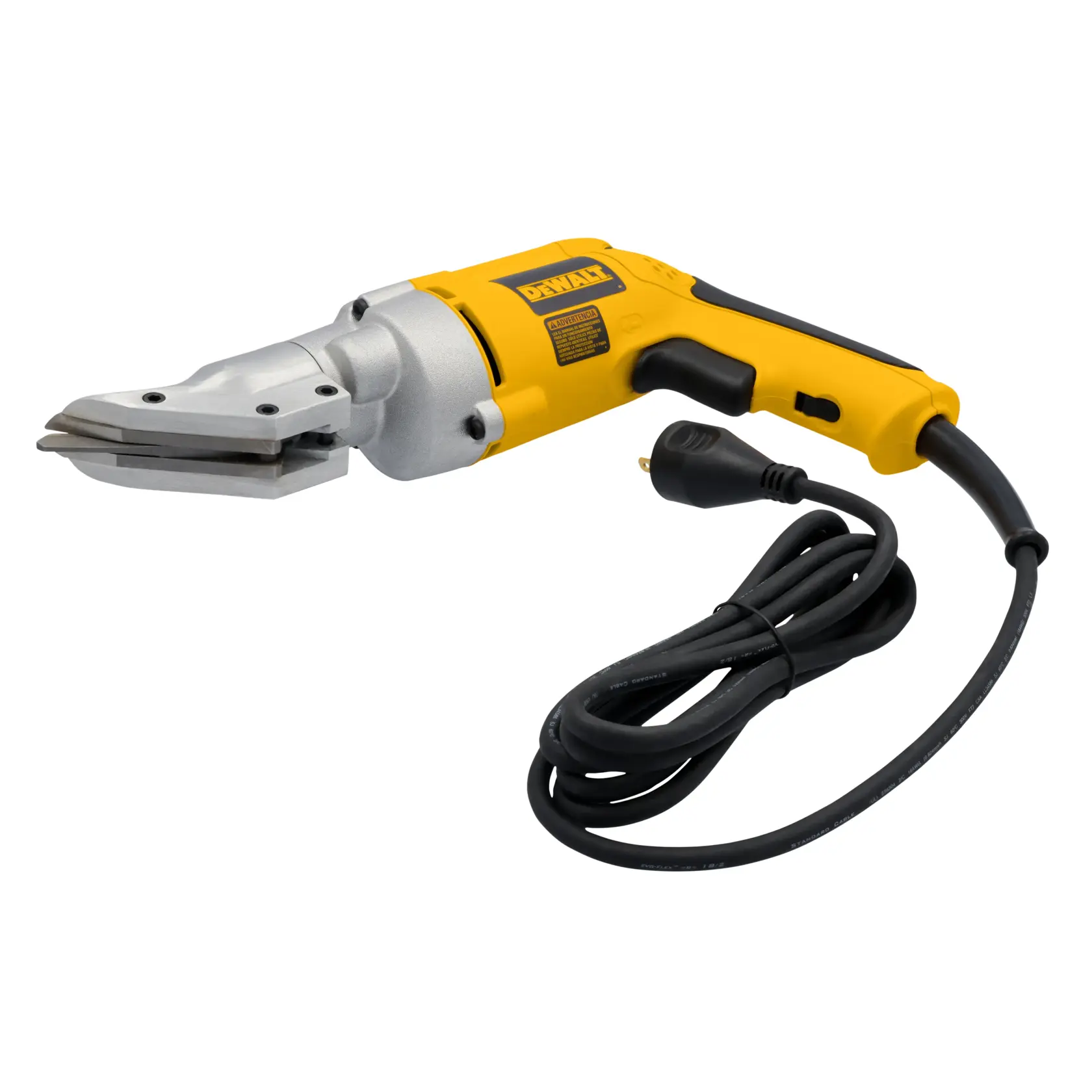 A DEWALT electric metal shear tool with a yellow and black handle and a power cord, used for cutting sheet metal.