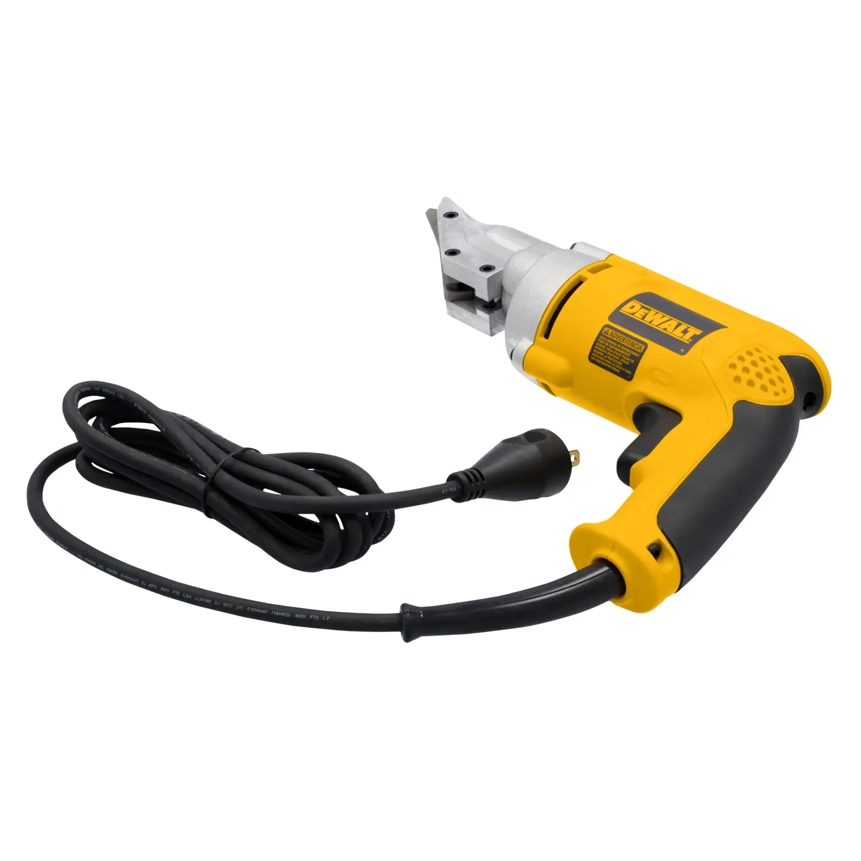 A yellow and black DEWALT electric metal shear tool with a power cord, designed for cutting sheet metal.