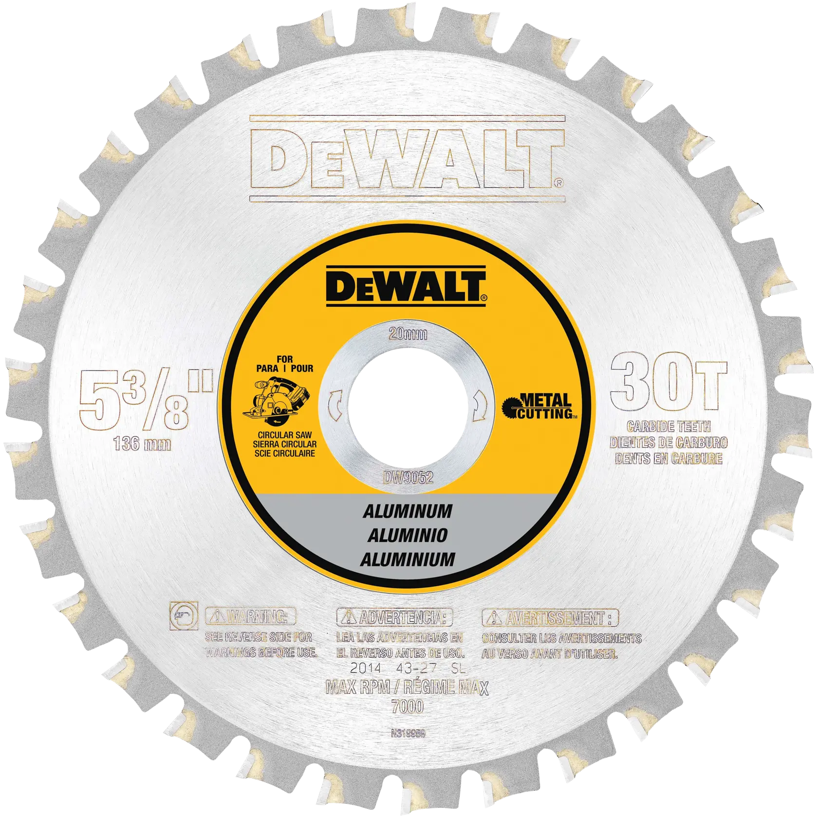 DEWALT DW9052 5-3/8 inch 30-tooth circular saw blade for cutting aluminum, featuring carbide teeth, silver and yellow design, with specifications and warnings printed on the blade.
