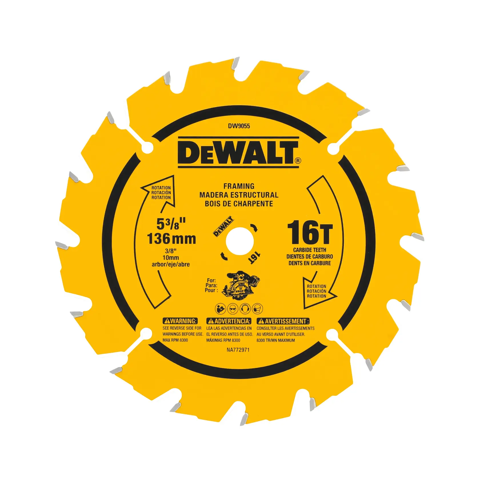 A yellow DEWALT framing circular saw blade with 16 carbide teeth, featuring product specifications such as 5-3/8 inch (136 mm) diameter and 3/8 inch (10 mm) arbor size. Safety warnings and instructions are printed on the face of the blade in English, Spanish, and French.