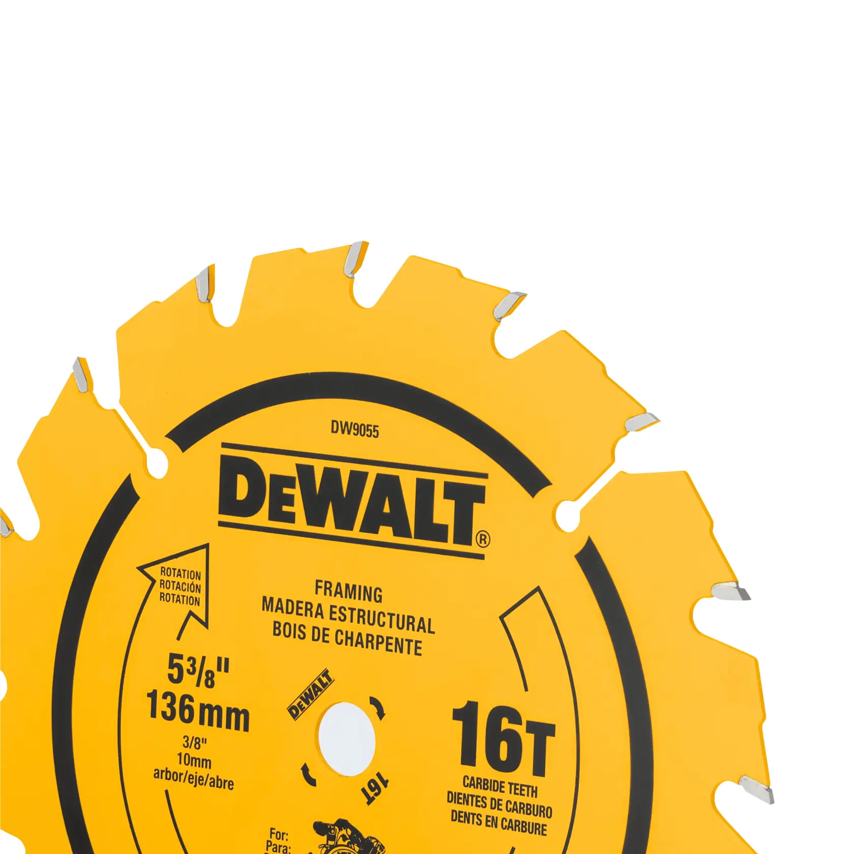 Close-up image of a DeWALT branded circular saw blade designed for framing. The blade is yellow with black text, showing specifications such as 5-3/8 inch (136 mm) diameter, 16 carbide teeth, and compatibility with 3/8 inch (10 mm) arbor. The markings on the blade are in multiple languages including English, Spanish, and French.