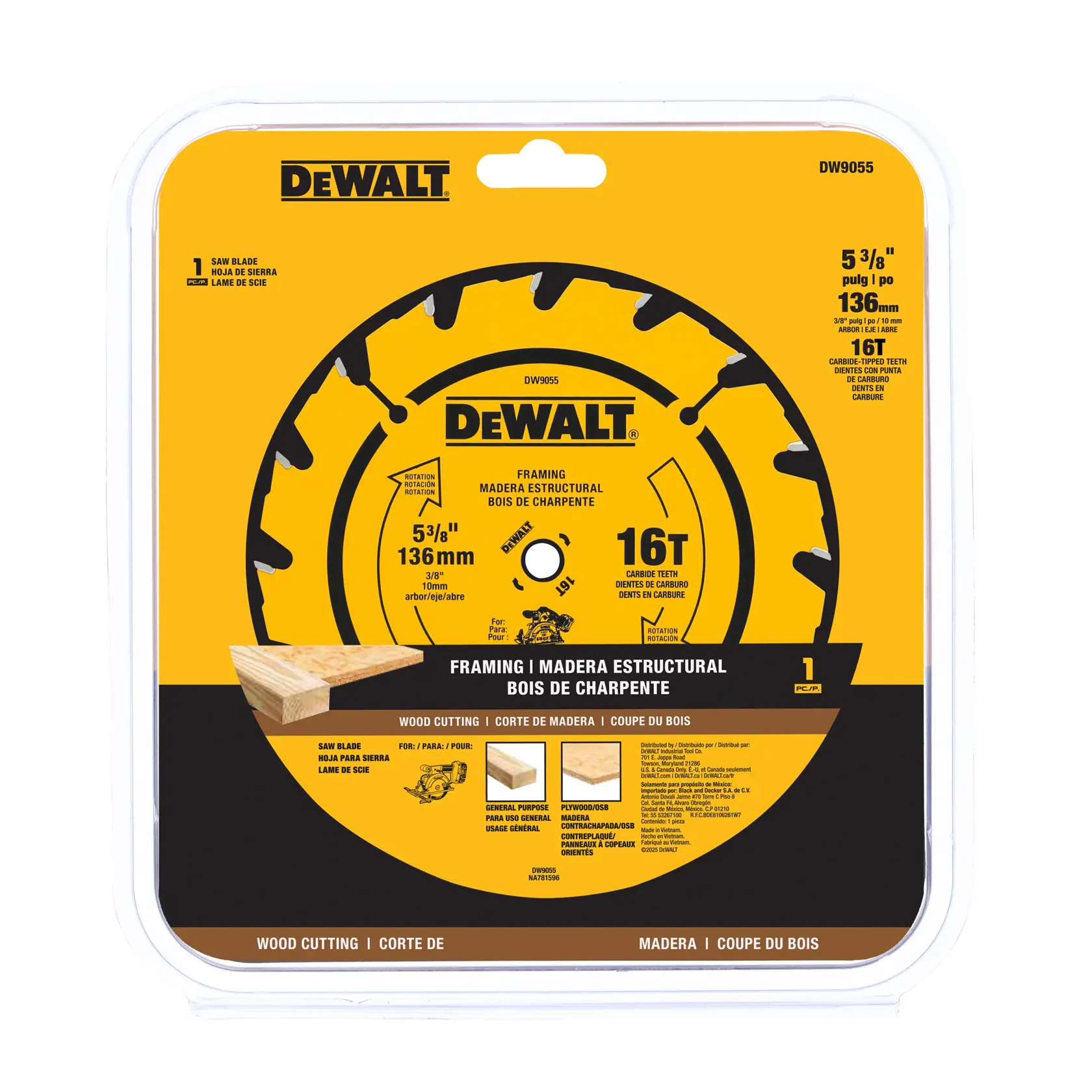 A packaged DeWalt circular saw blade for framing, featuring 16 carbide teeth. The blade size is 5-3/8 inches (136 mm) with a 10 mm arbor. The packaging is mostly yellow and black, showing the blade and information about its use for wood cutting.