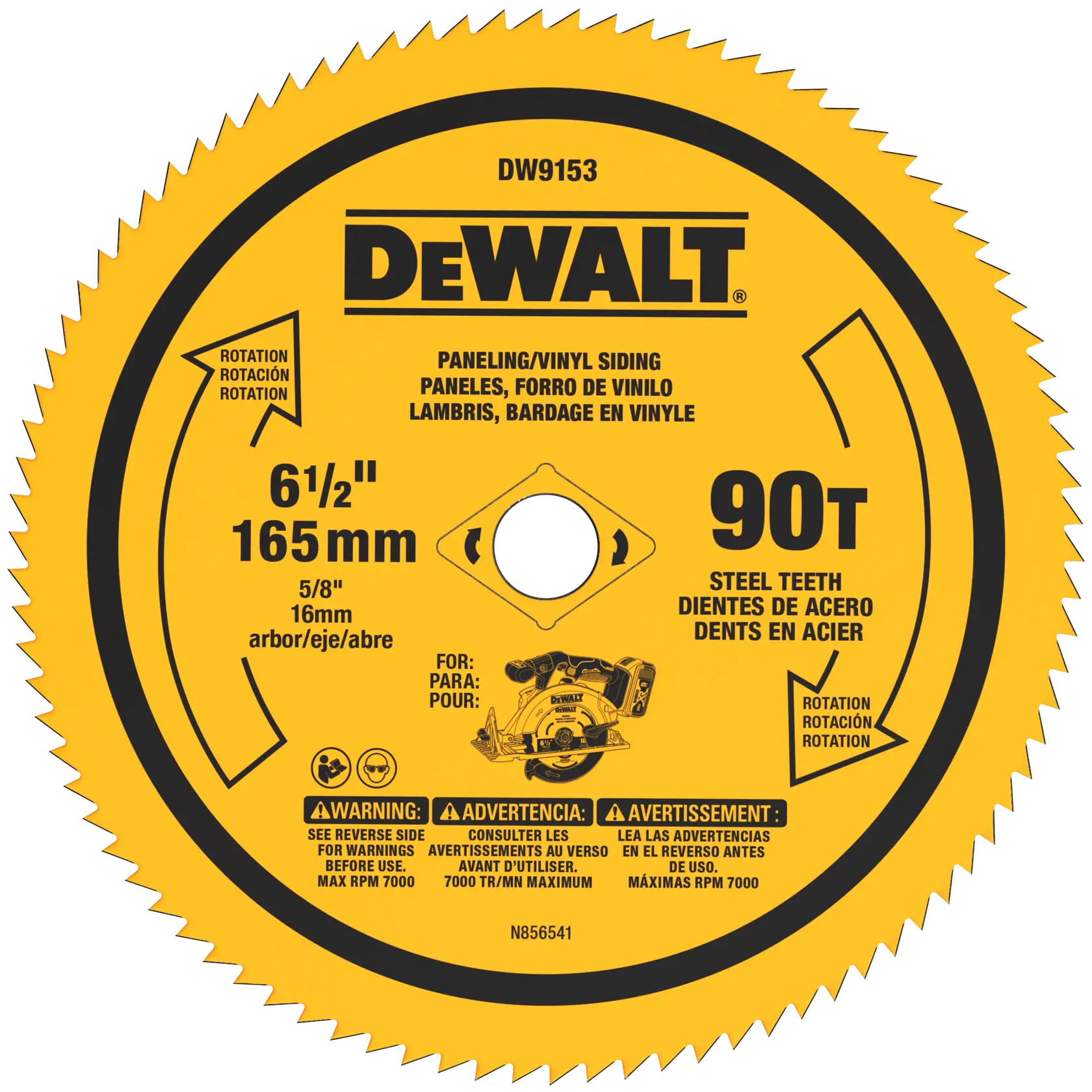 Circular saw blade from DEWALT, model DW9153, with 165 mm (6 1/2 inch) diameter and 90 steel teeth (90T). The blade is designed for paneling and vinyl siding cutting, and features multilingual labeling. Maximum speed is 7000 RPM. Safety warnings are printed on the blade.