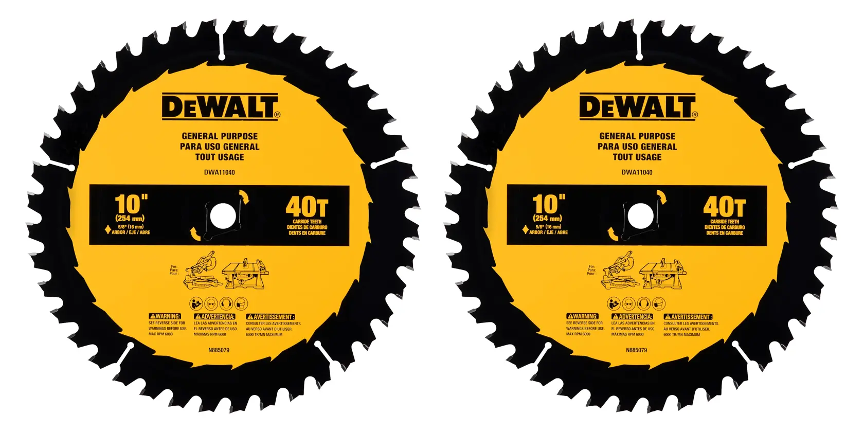 Two DEWALT 10-inch 40-tooth general purpose circular saw blades with yellow and black labeling. The blades are designed for cutting wood and are suitable for use with table saws and miter saws.