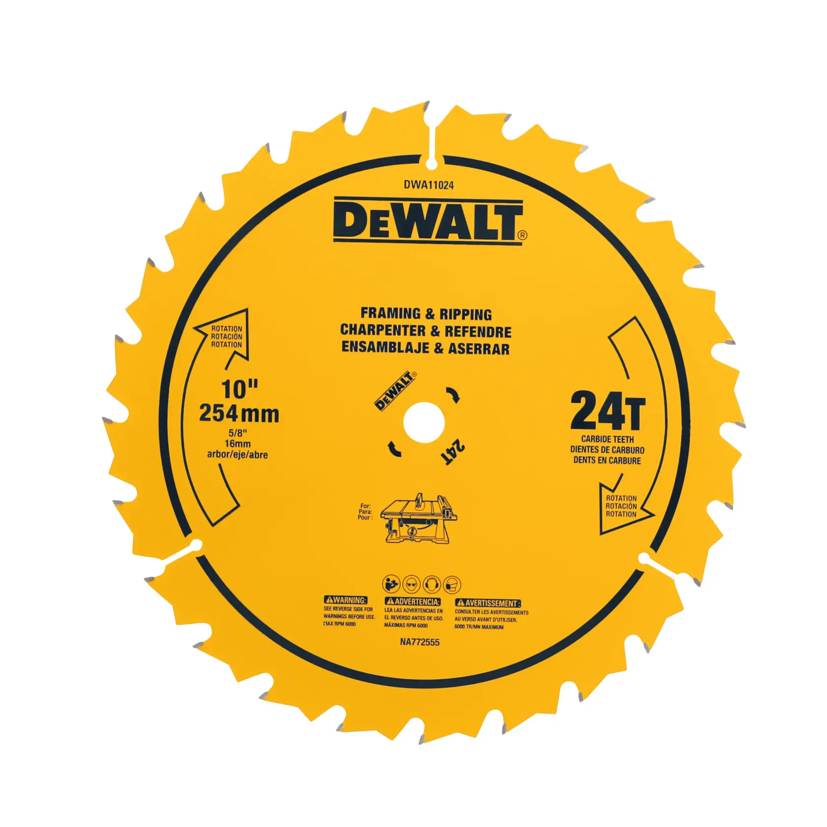 A yellow DEWALT circular saw blade with 24 carbide teeth, designed for framing and ripping. The blade diameter is 10 inches (254 mm) with a 5/8 inch (16 mm) arbor, and product markings indicate directions for use, safety warnings, and multilingual instructions.