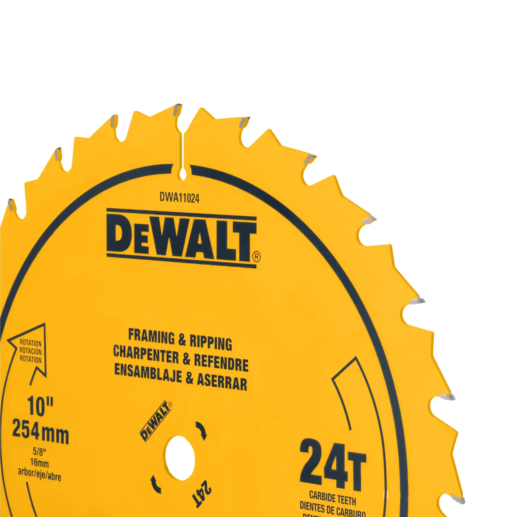 Close-up view of a yellow DeWalt circular saw blade with carbide teeth, featuring product details such as size (10 inches, 254mm), 24 teeth, and specifications for framing and ripping applications.