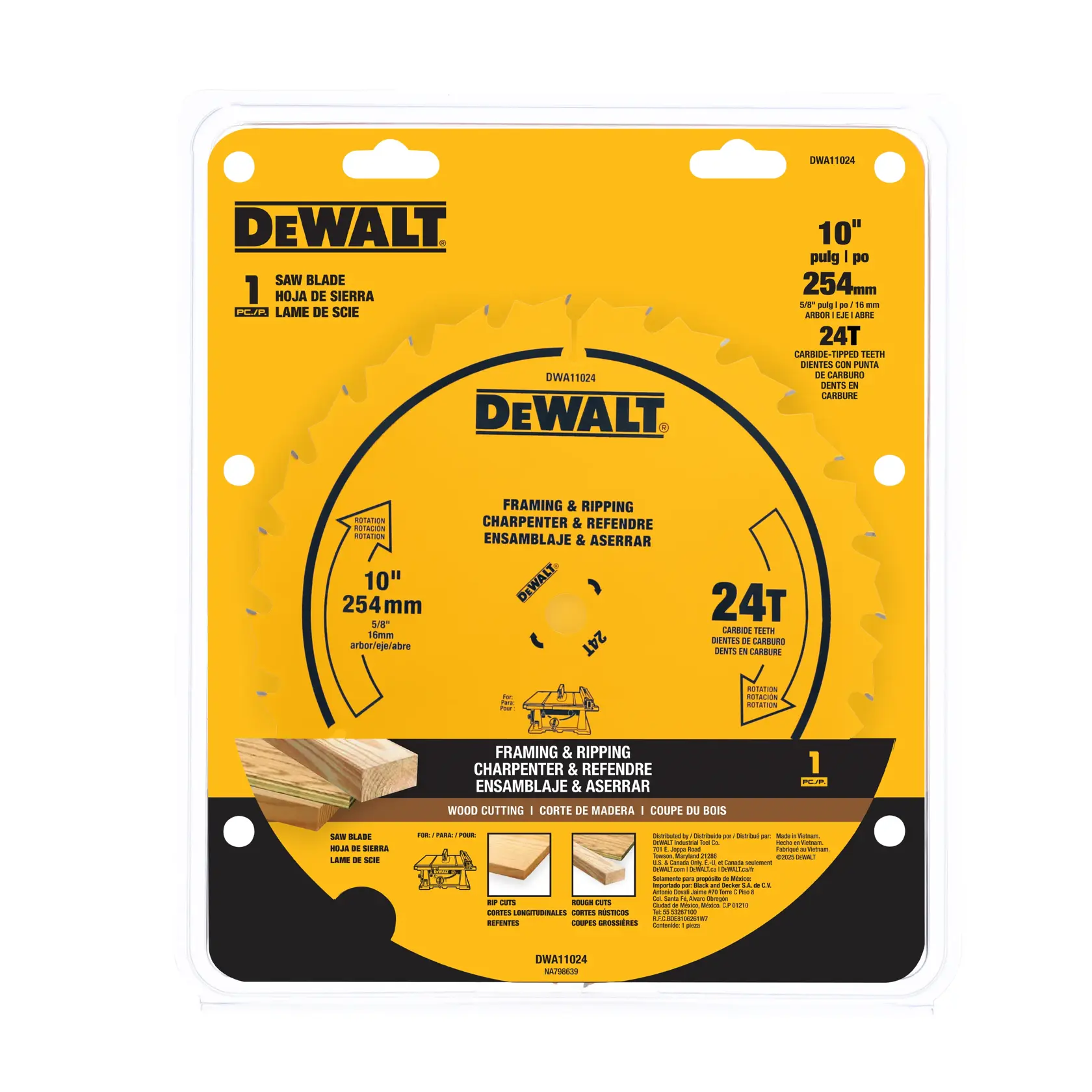Packaging for a DEWALT 10 inch (254 mm) saw blade, featuring 24 carbide-tipped teeth, designed for framing and ripping wood. The packaging is predominantly yellow with black text, showing product details and images of the blade's intended wood cutting applications.