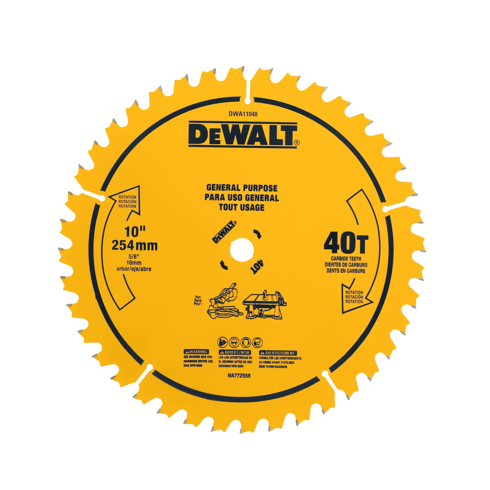 A yellow DEWALT circular saw blade with 40 carbide teeth, labeled for general purpose use. The blade measures 10 inches (254 mm) in diameter and has a 5/8 inch (16 mm) arbor hole. Product safety warnings and rotation directions are printed on the blade.