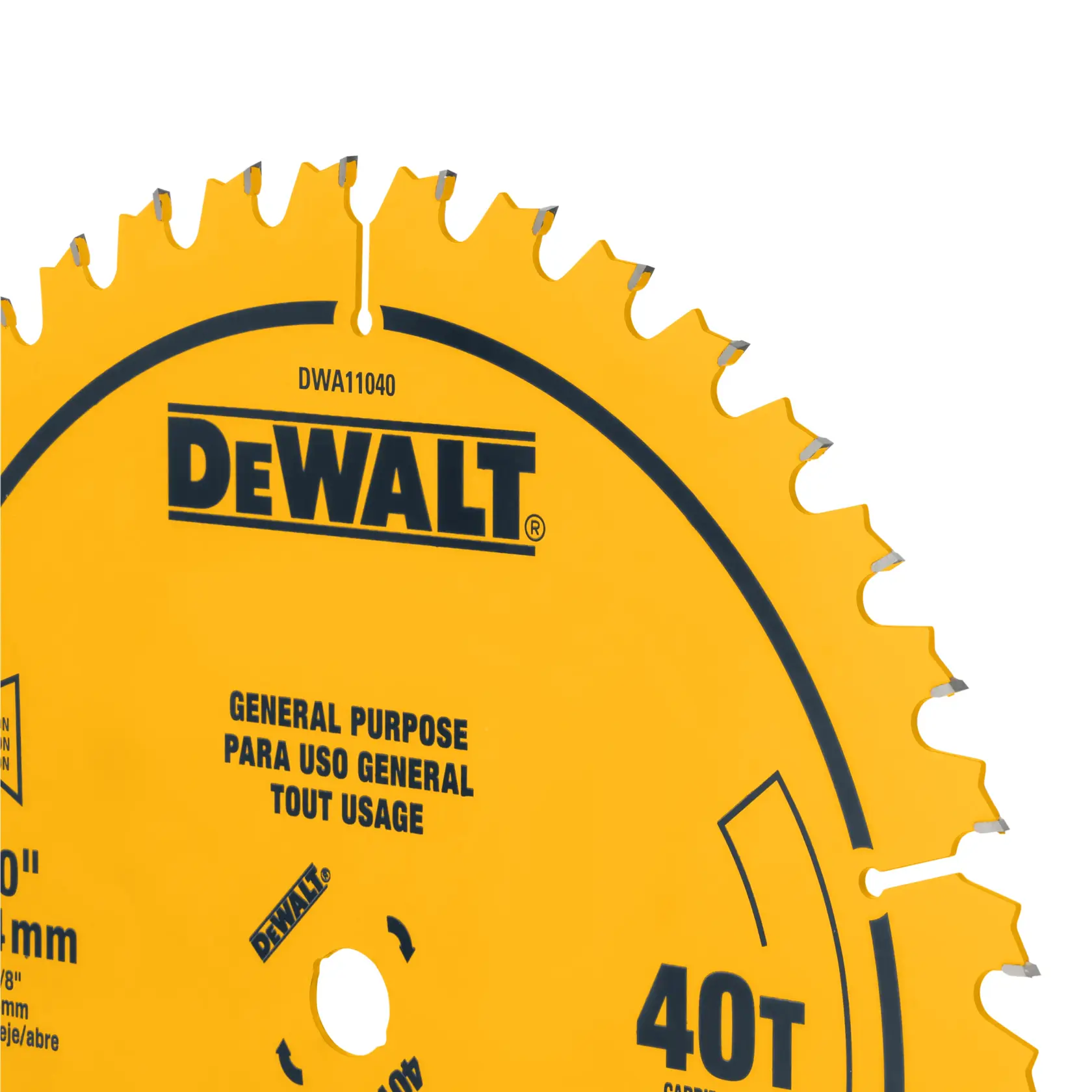 Close-up of a DEWALT circular saw blade for general purpose use. The yellow blade has sharp teeth and displays text indicating it is a 40-tooth blade for general usage.